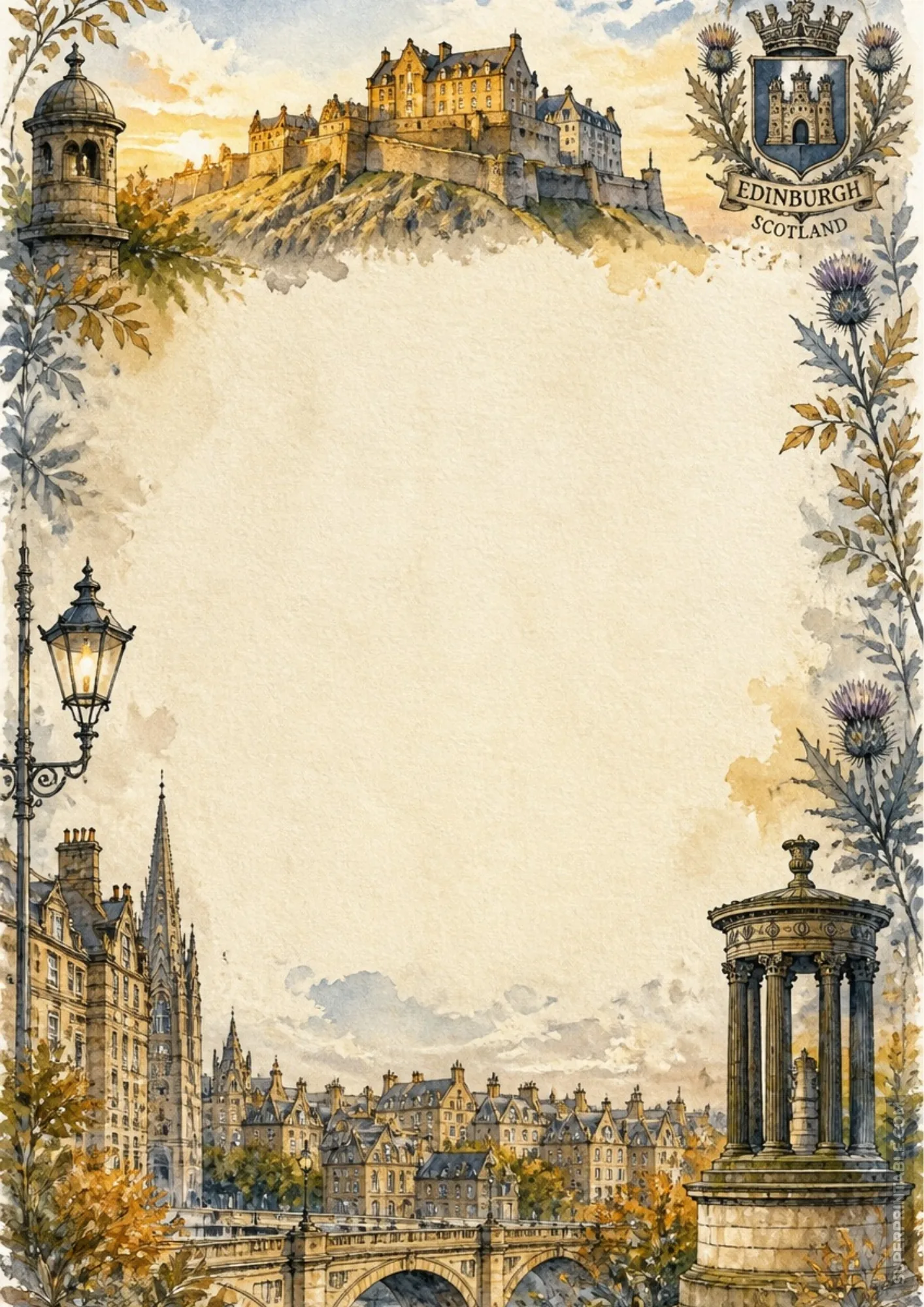 Scottish castle letter paper border showcasing Edinburgh spires and purple thistle flowers