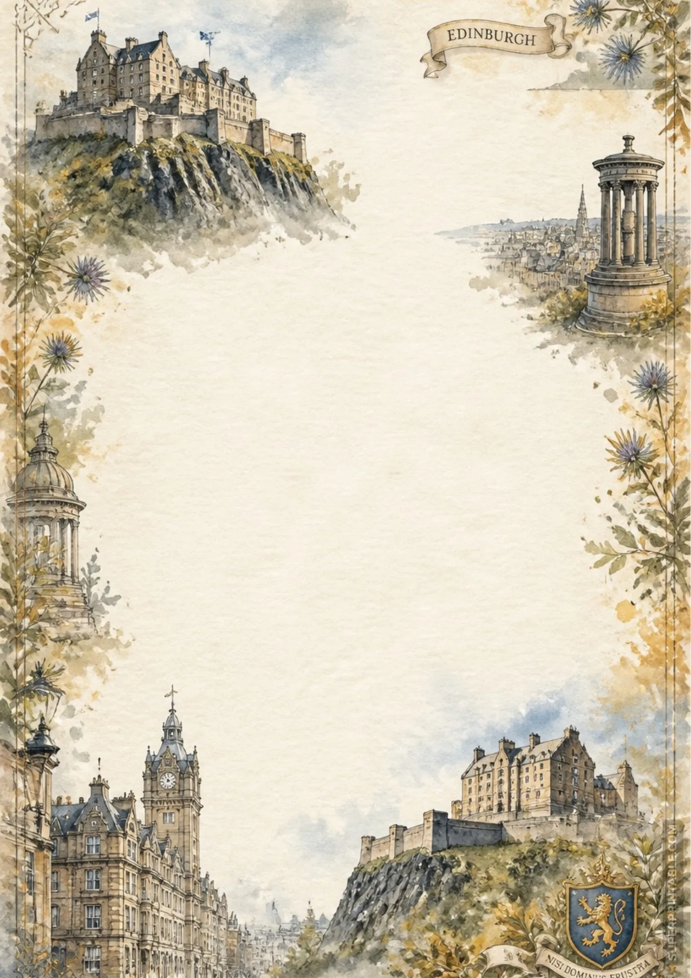 Edinburgh city castle watercolor writing paper frame decorated with Scottish heraldic coat of arms
