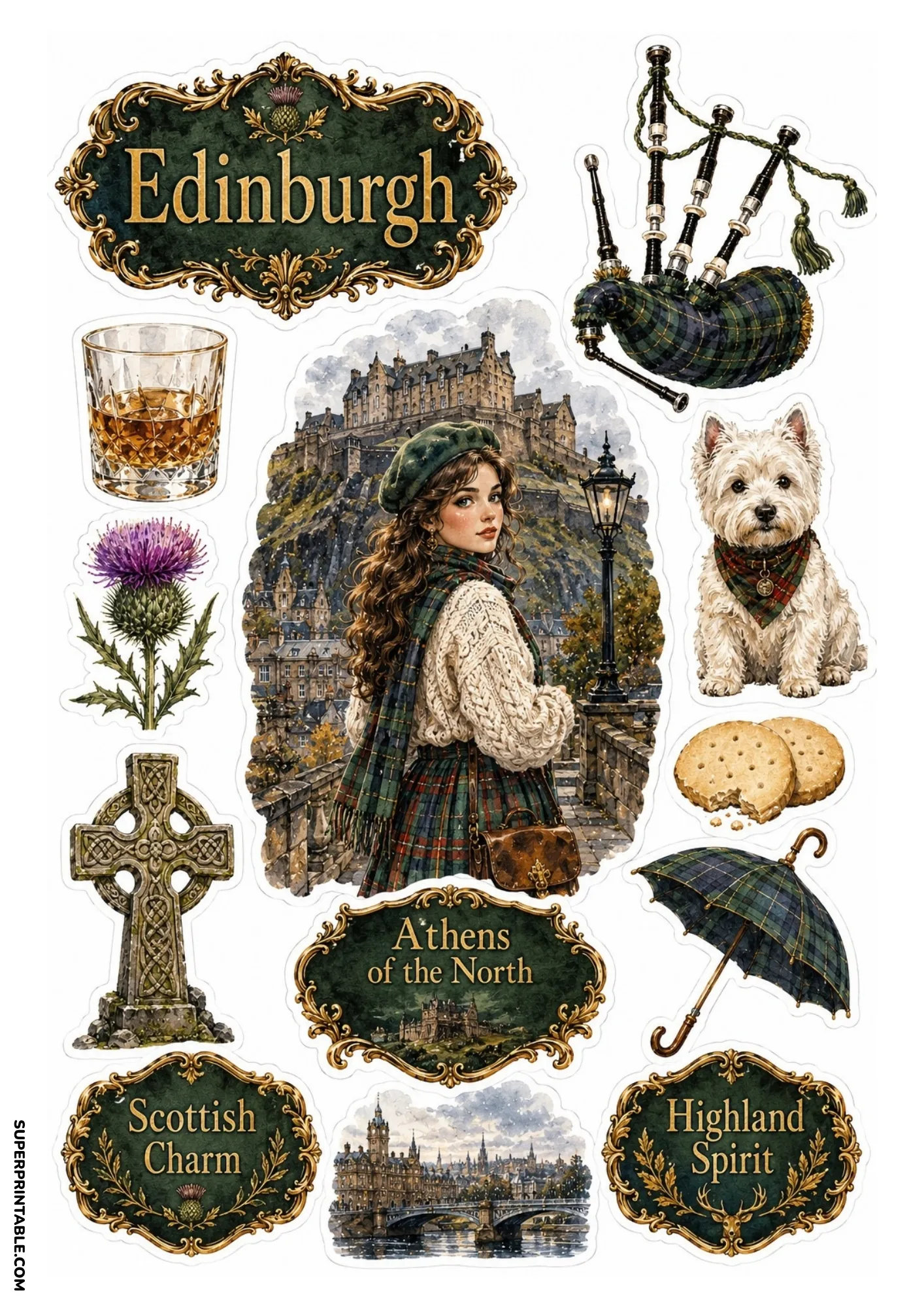 Edinburgh city sticker sheet with historic castle, bagpipes, and tartan plaid