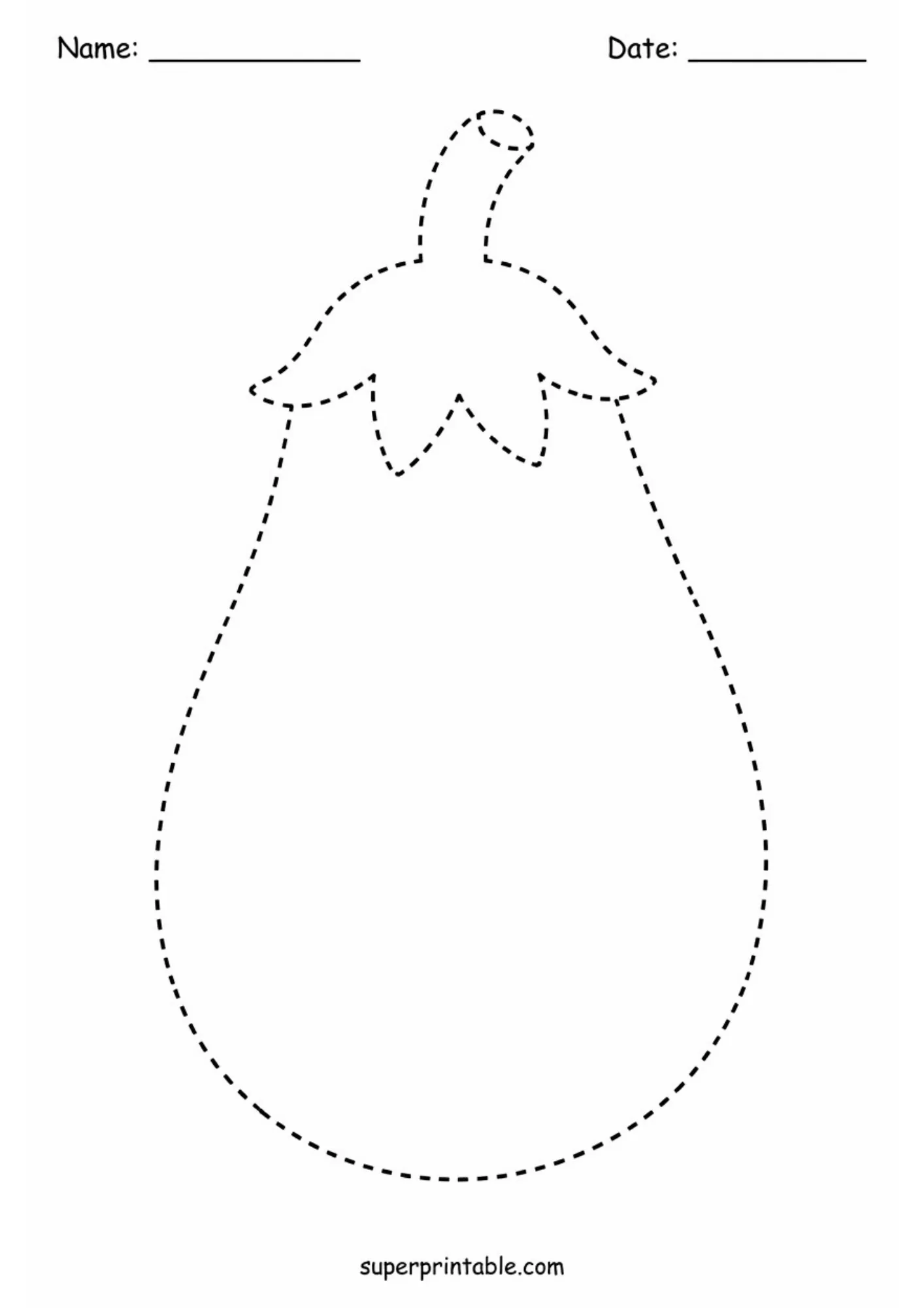 Teardrop eggplant aubergine line art with leafy cap in dashed lines.