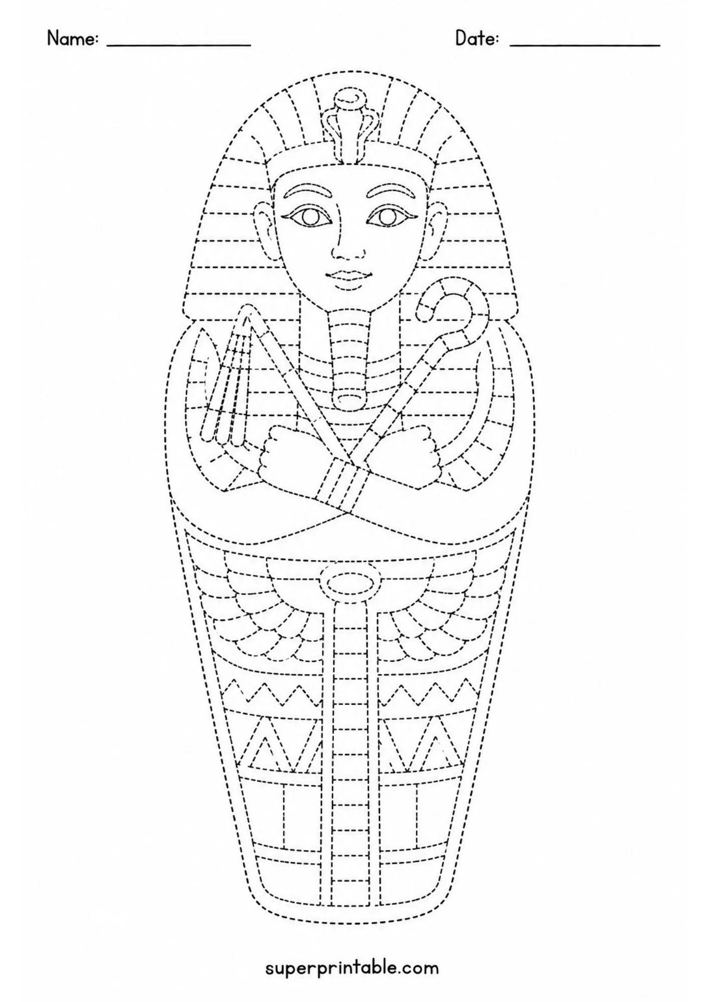 Detailed dotted line drawing of a royal Egyptian sarcophagus for tracing practice.