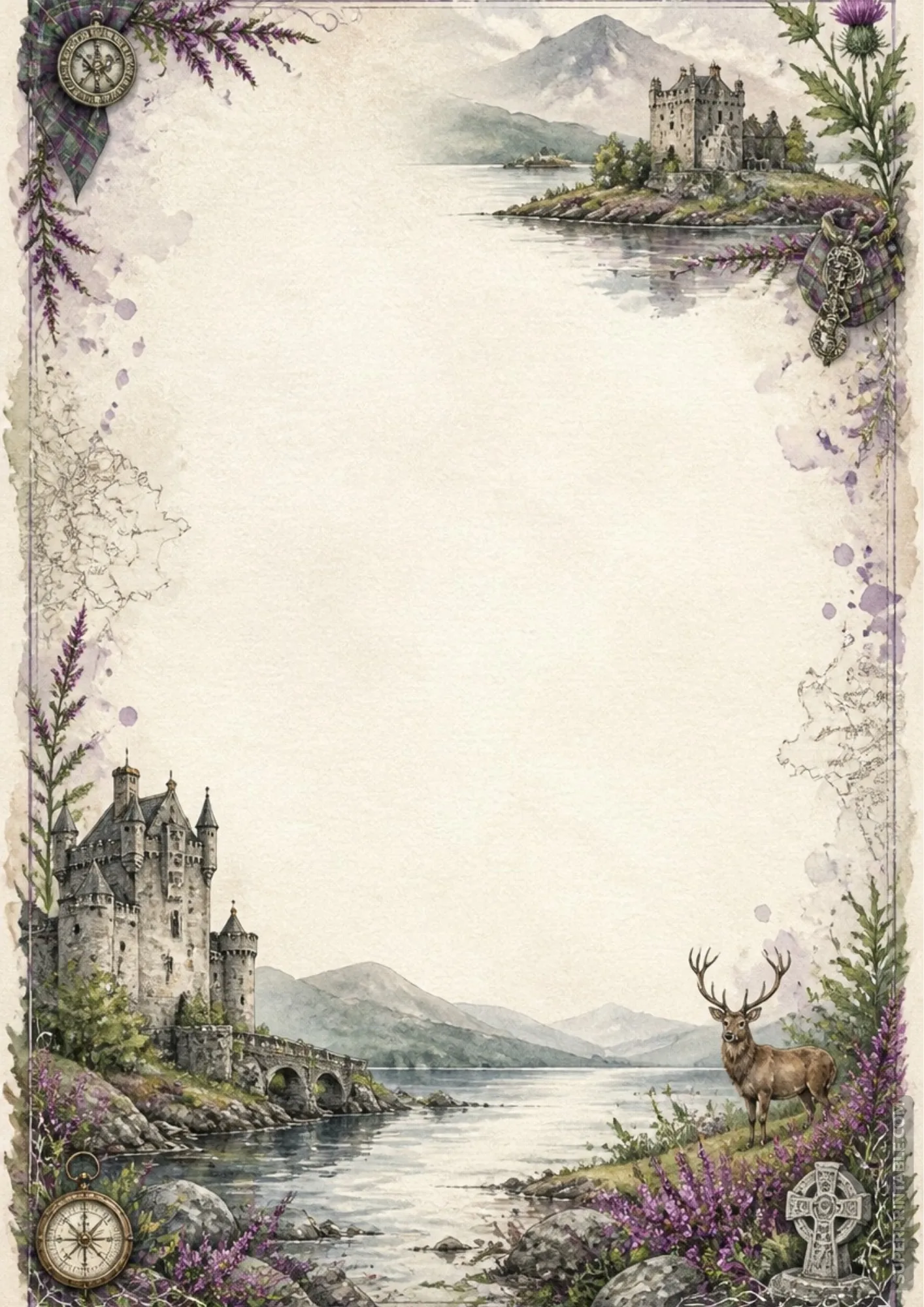 Eilean Donan Scottish castle watercolor border page with red deer and purple wild heather