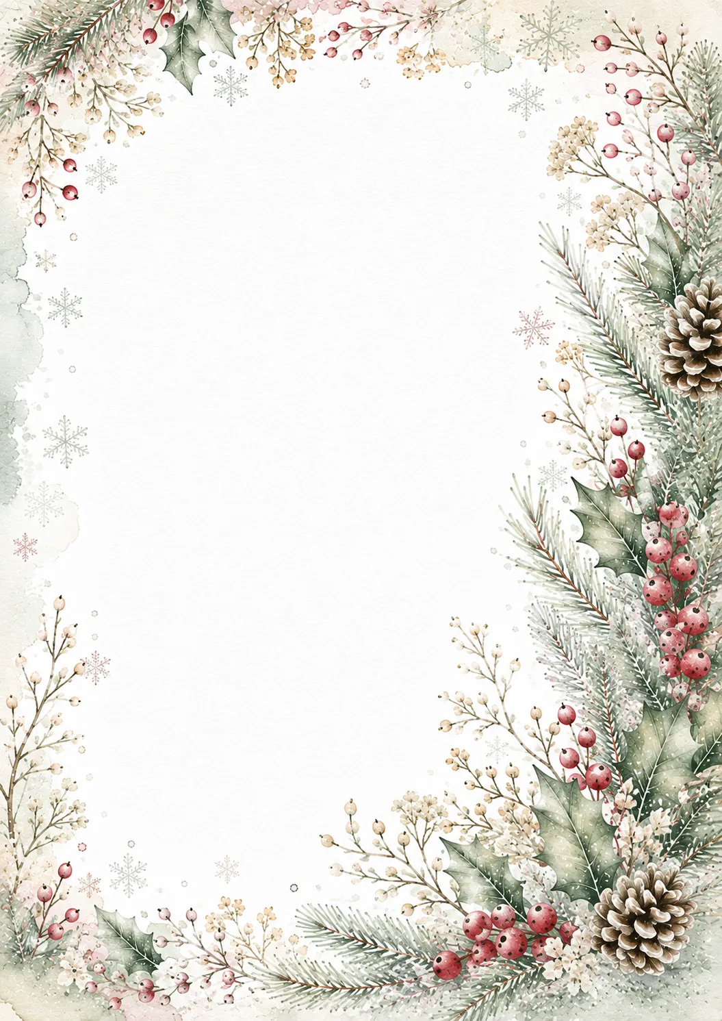 Elegant winter border with layered pine branches, berries, ornaments, and a glowing lantern