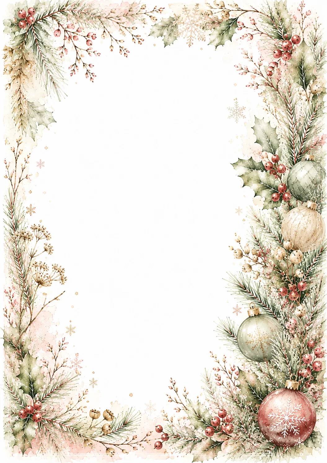 Elegant winter border with ornaments, pine branches, berries, and delicate snowflake accents