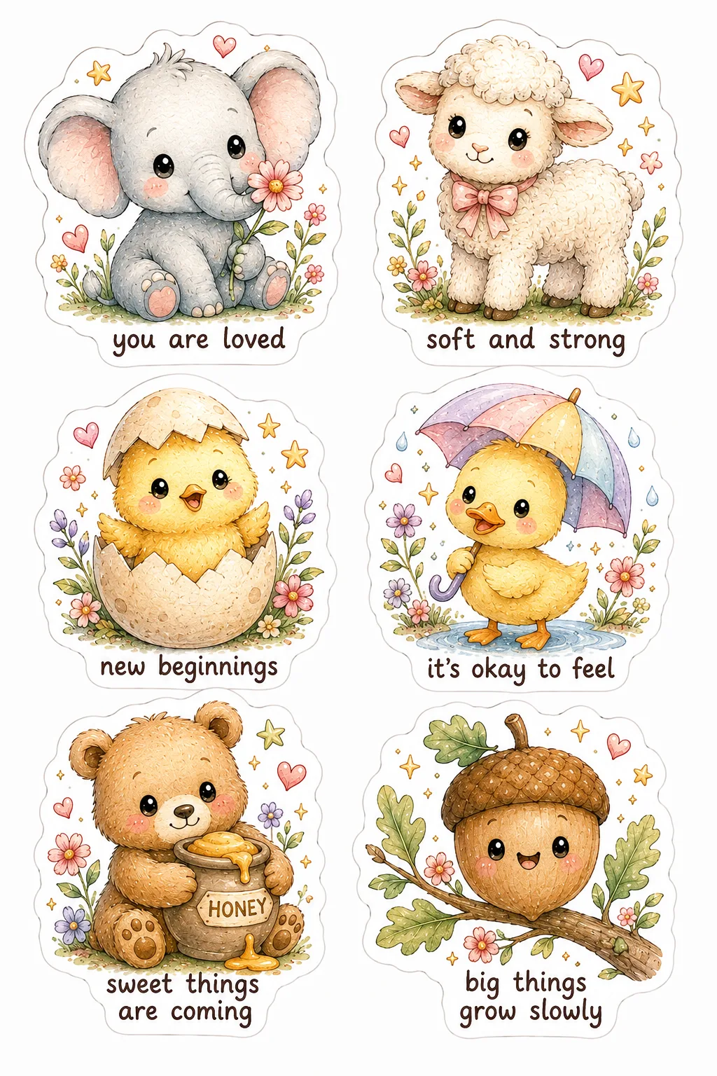 Cute elephant, lamb, chick, duck, honey bear, and smiling acorn watercolor stickers with kind sayings