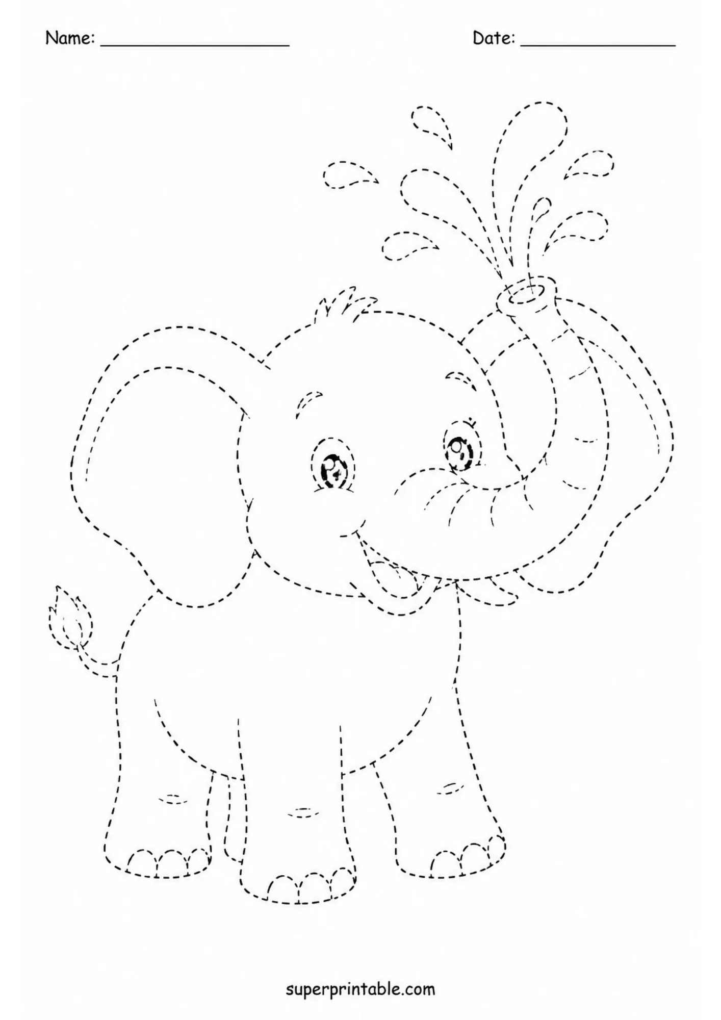 Dotted outline of an elephant spraying water in safari tracing pages.
