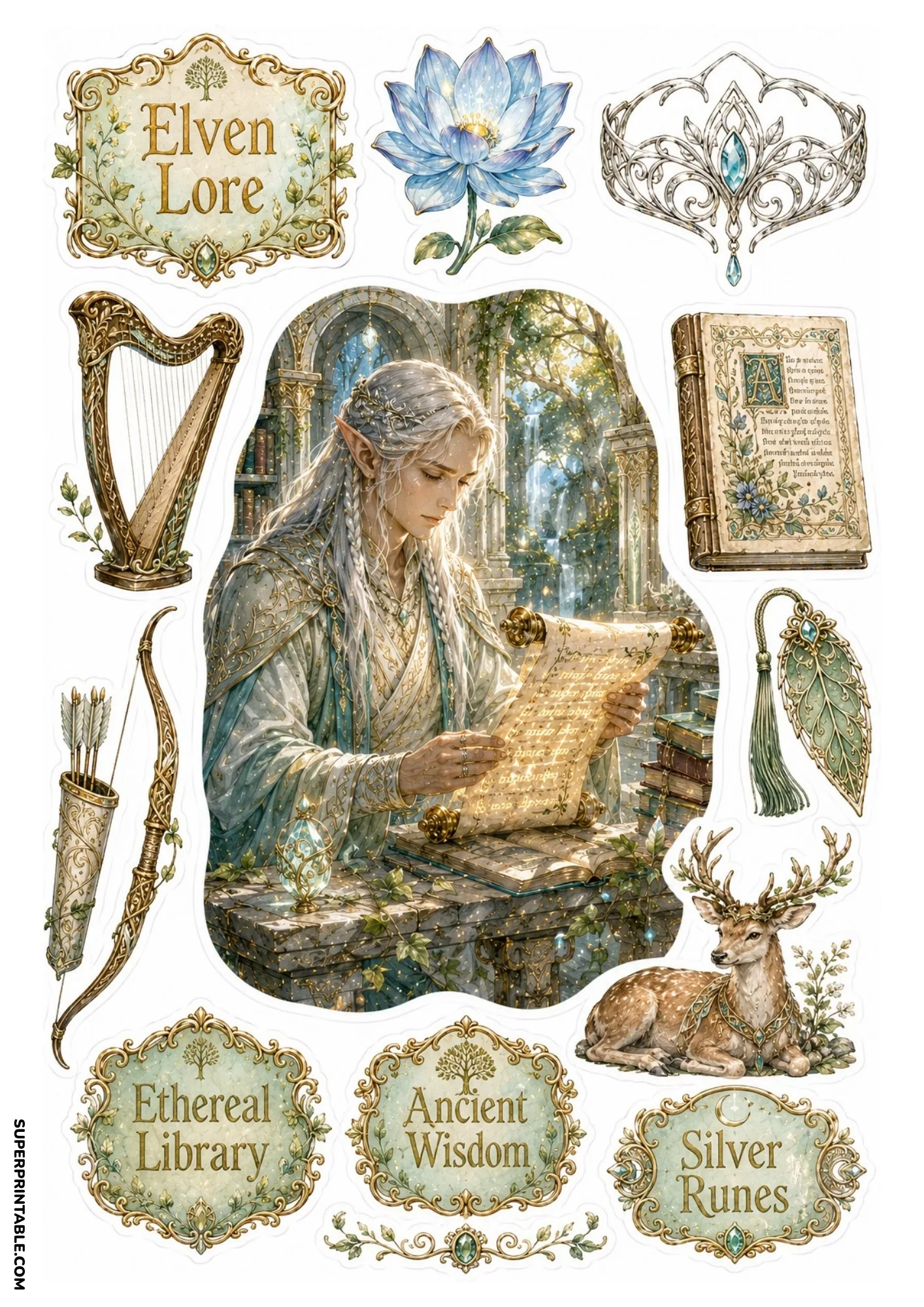 Long-haired elf scholar reading an illuminated scroll in a fantasy stone library with harps and forest deer.