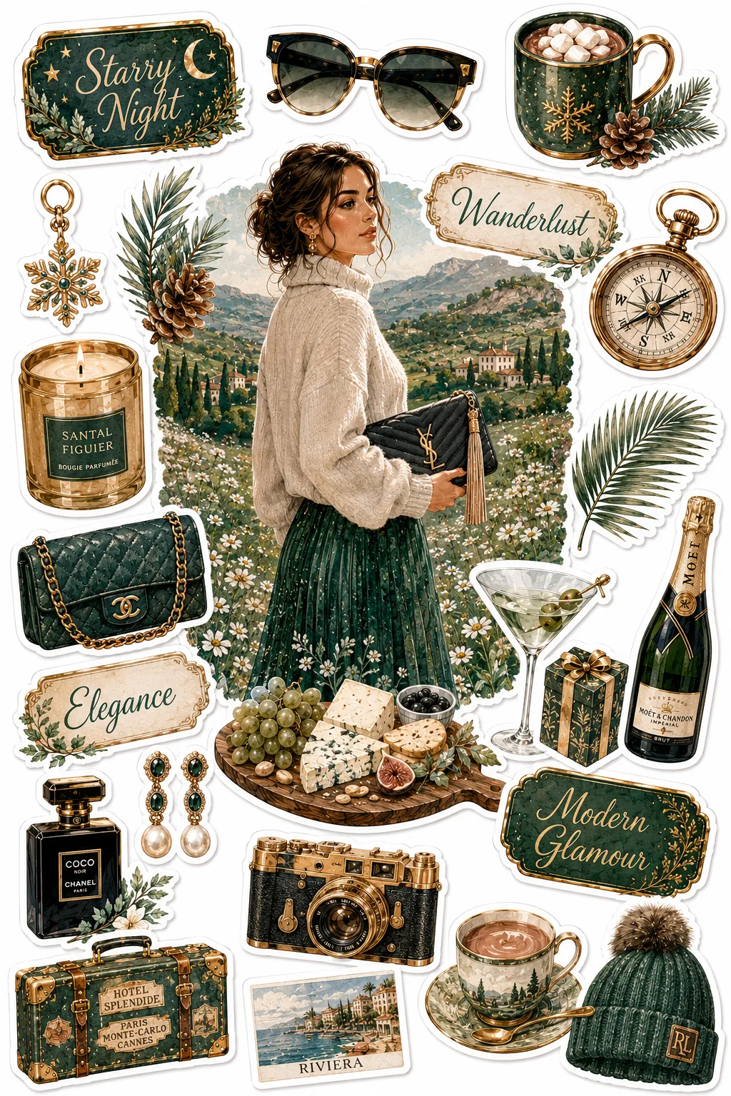 Woman in a green pleated skirt in a daisy field framed by emerald green champagne and travel stickers.
