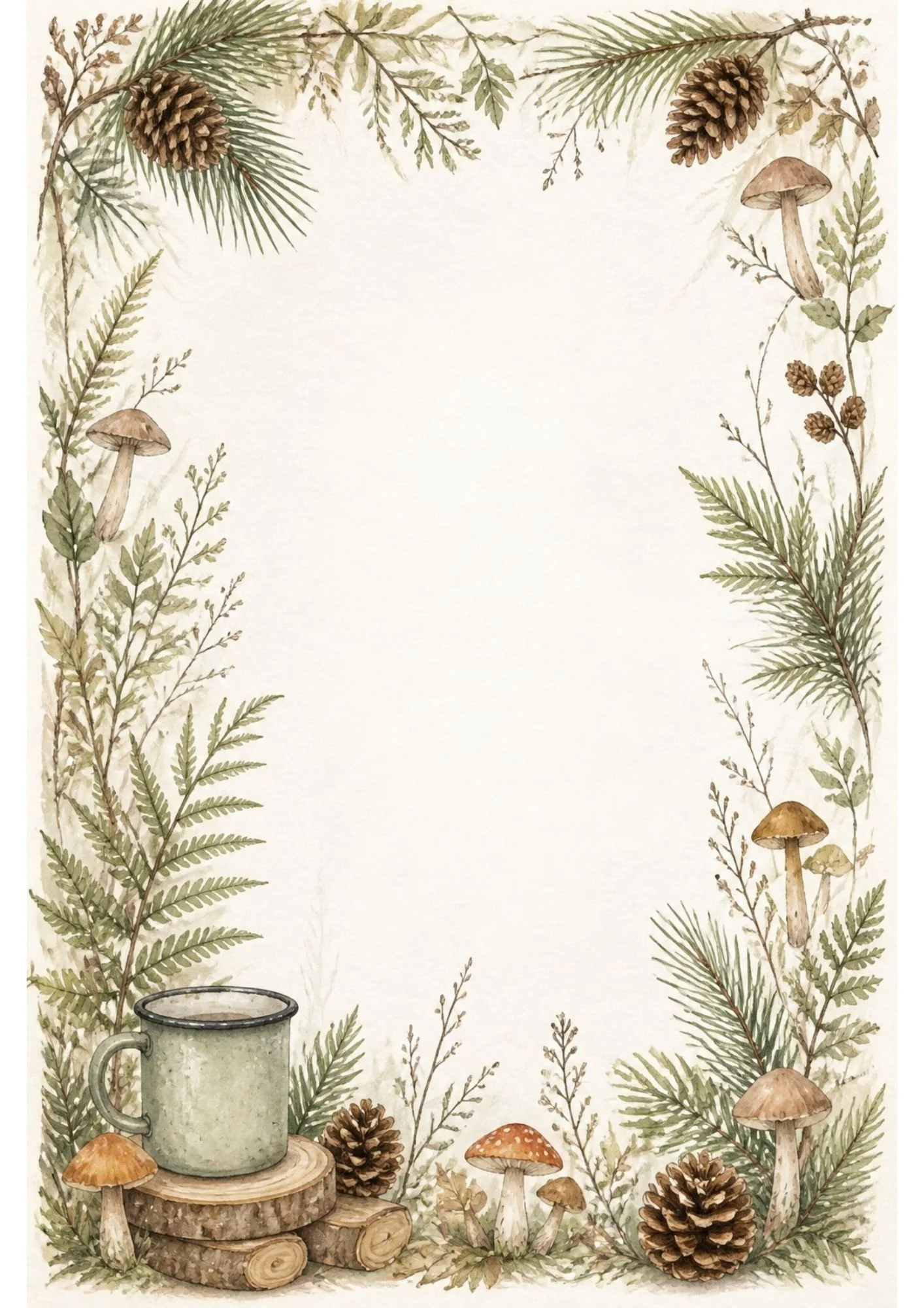 Watercolor full-border page with ferns, pinecones, and assorted mushrooms framing a speckled enamel mug on a wood slice coaster