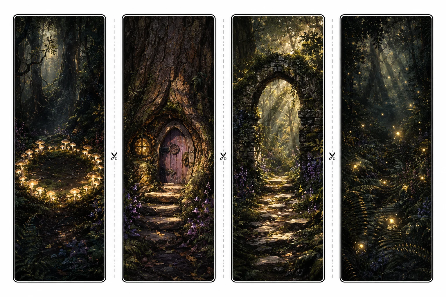 Four printable enchanted forest bookmarks showing a glowing mushroom ring, a purple fairy door in a tree, a mossy stone archway, and fireflies in ferns