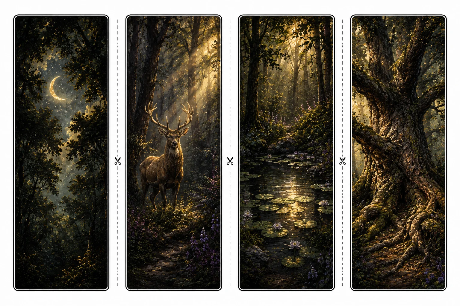 Four printable forest bookmarks with a crescent moon through trees, a glowing stag, a lily-pad pond, and an ancient gnarled tree