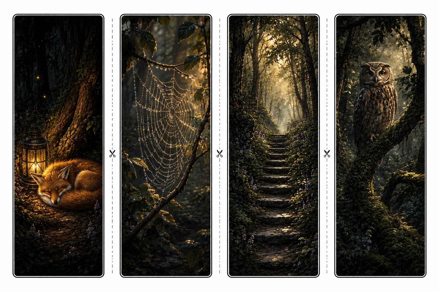 Four printable forest bookmarks with a fox asleep by a lantern, a dewy spiderweb, misty stone stairs, and an owl on a mossy branch