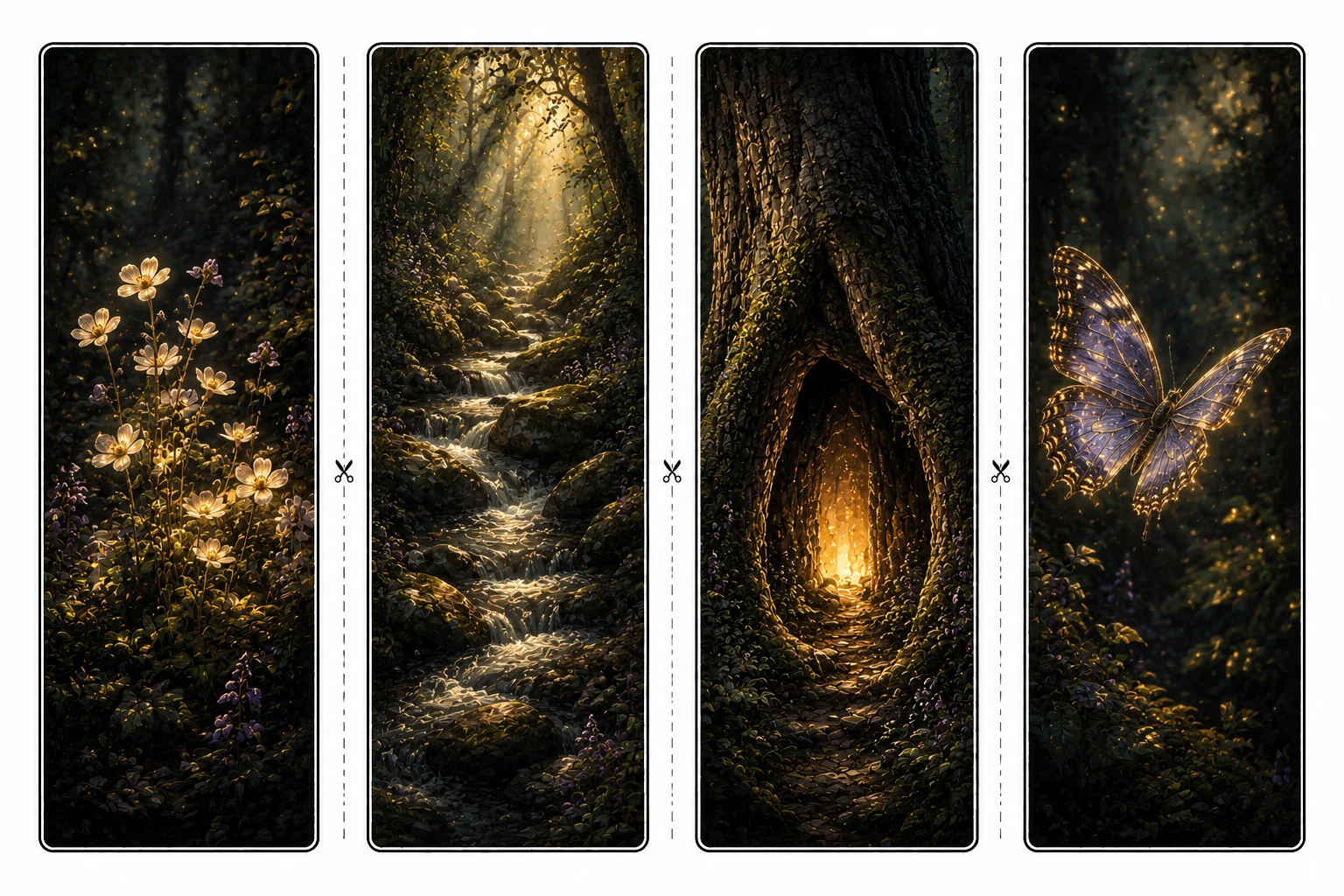 Four printable forest bookmarks with glowing wildflowers, a mossy stream, a hollow tree glowing from within, and a luminous purple butterfly