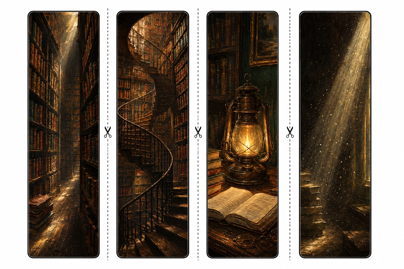 Four printable library bookmarks with towering bookshelves, a spiral staircase, a lantern on a reading table, and dust motes in a light shaft