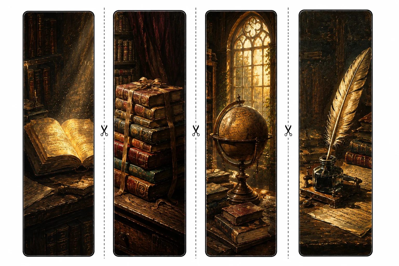 Four printable library bookmarks with a glowing open book, ribbon-tied leather volumes, a globe by a window, and a quill in an inkwell