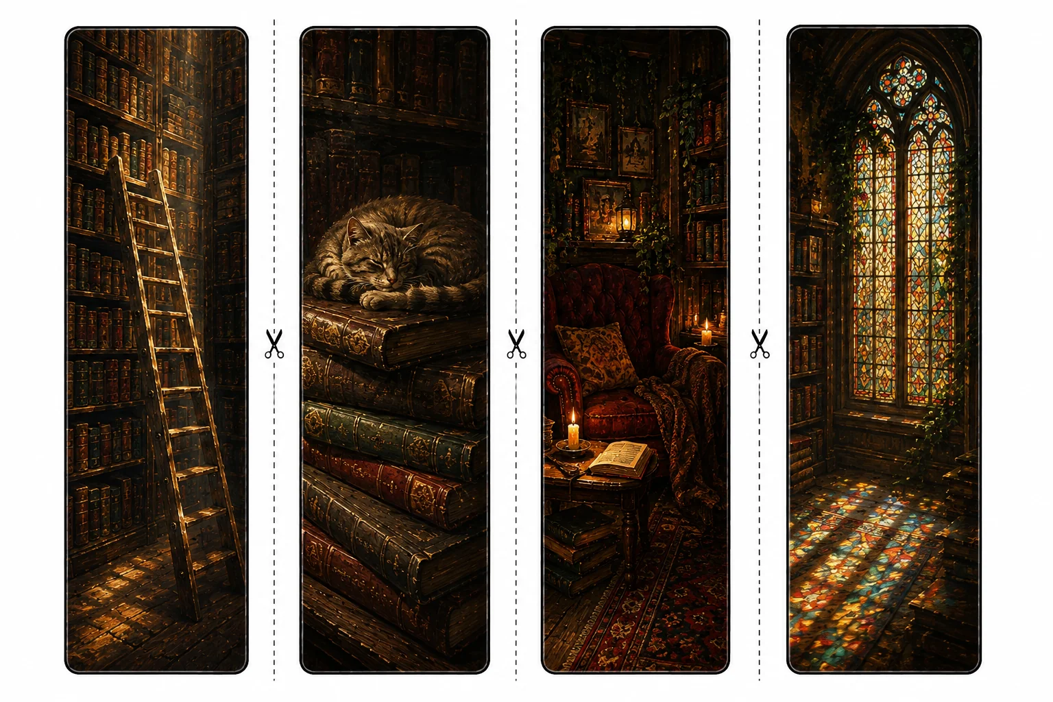 Four printable library bookmarks with a wooden ladder on shelves, a cat asleep on books, a candlelit reading nook, and a stained-glass window