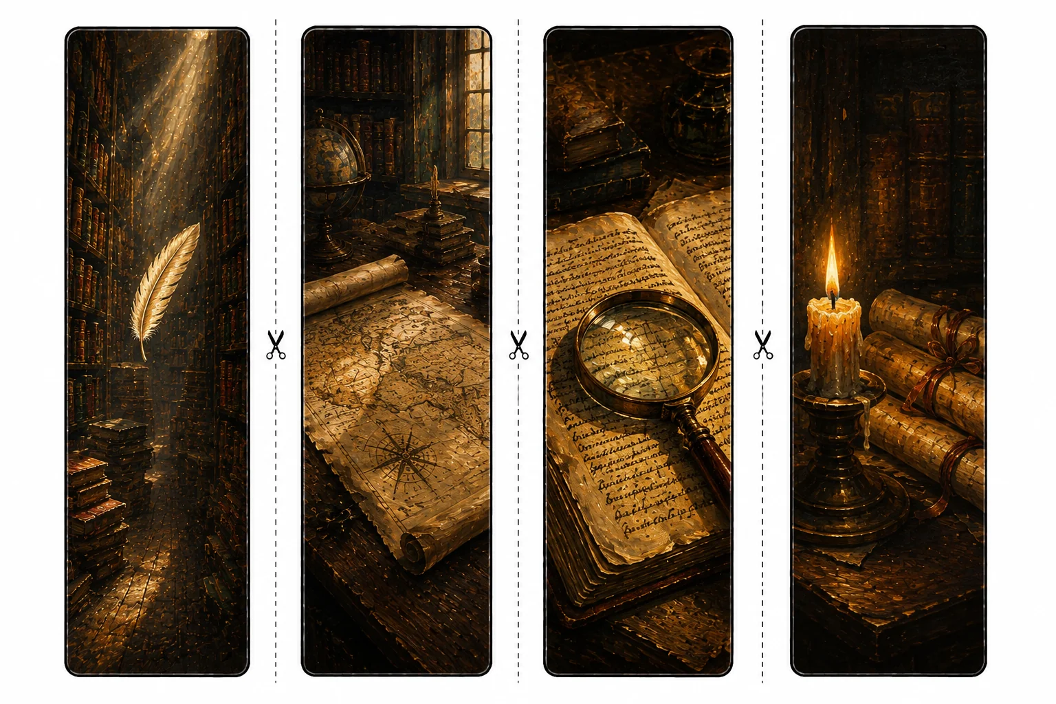 Four printable library bookmarks with a drifting feather, an unrolled antique map, a magnifying glass on a manuscript, and a candle beside scrolls