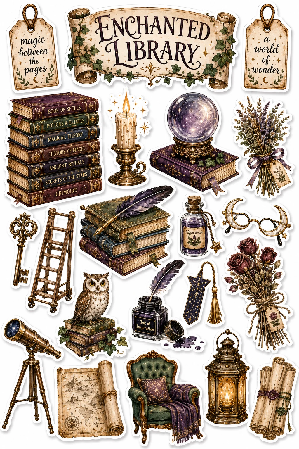 Enchanted Library Owl Magic Potions Sheet featuring reading nooks, vintage books, library aesthetic, and bookshop culture.