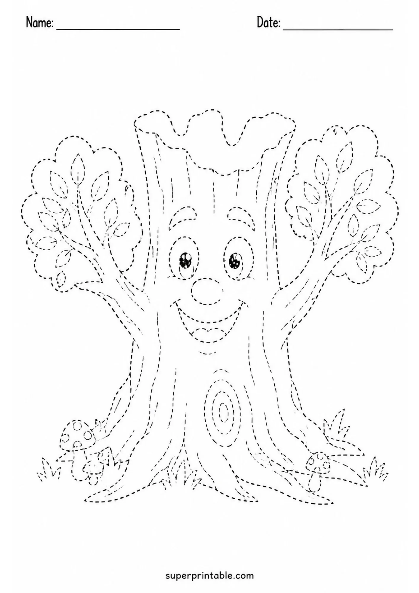 Enchanted talking tree with a cheerful smiling trunk and leaf branches in dashed lines.