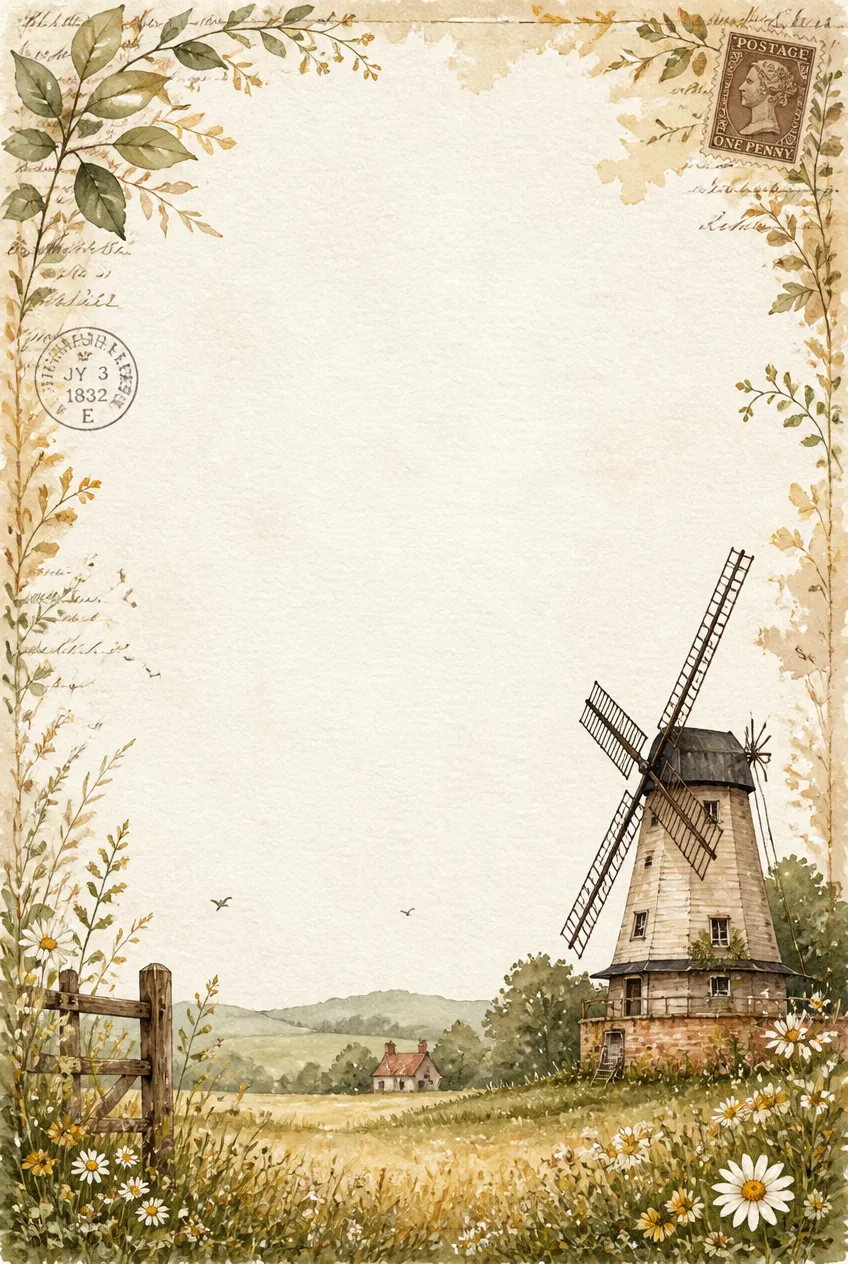 Vintage English page border with a timber smock windmill, daisy field, and ONE PENNY stamp.
