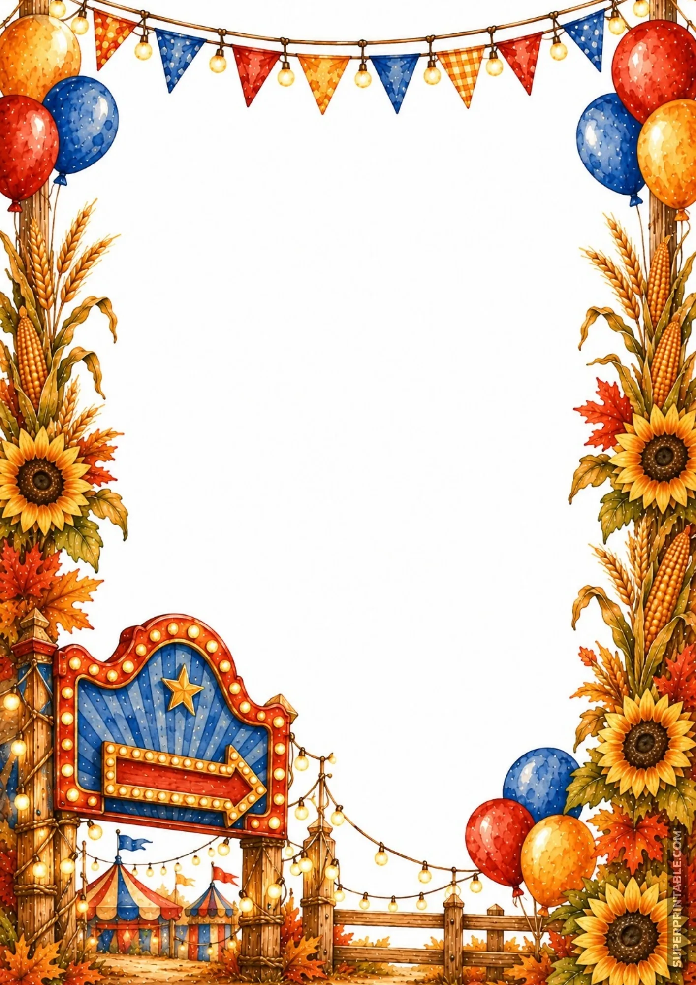 Festive carnival border with a glowing marquee entrance sign arrow and colorful clusters of party balloons.