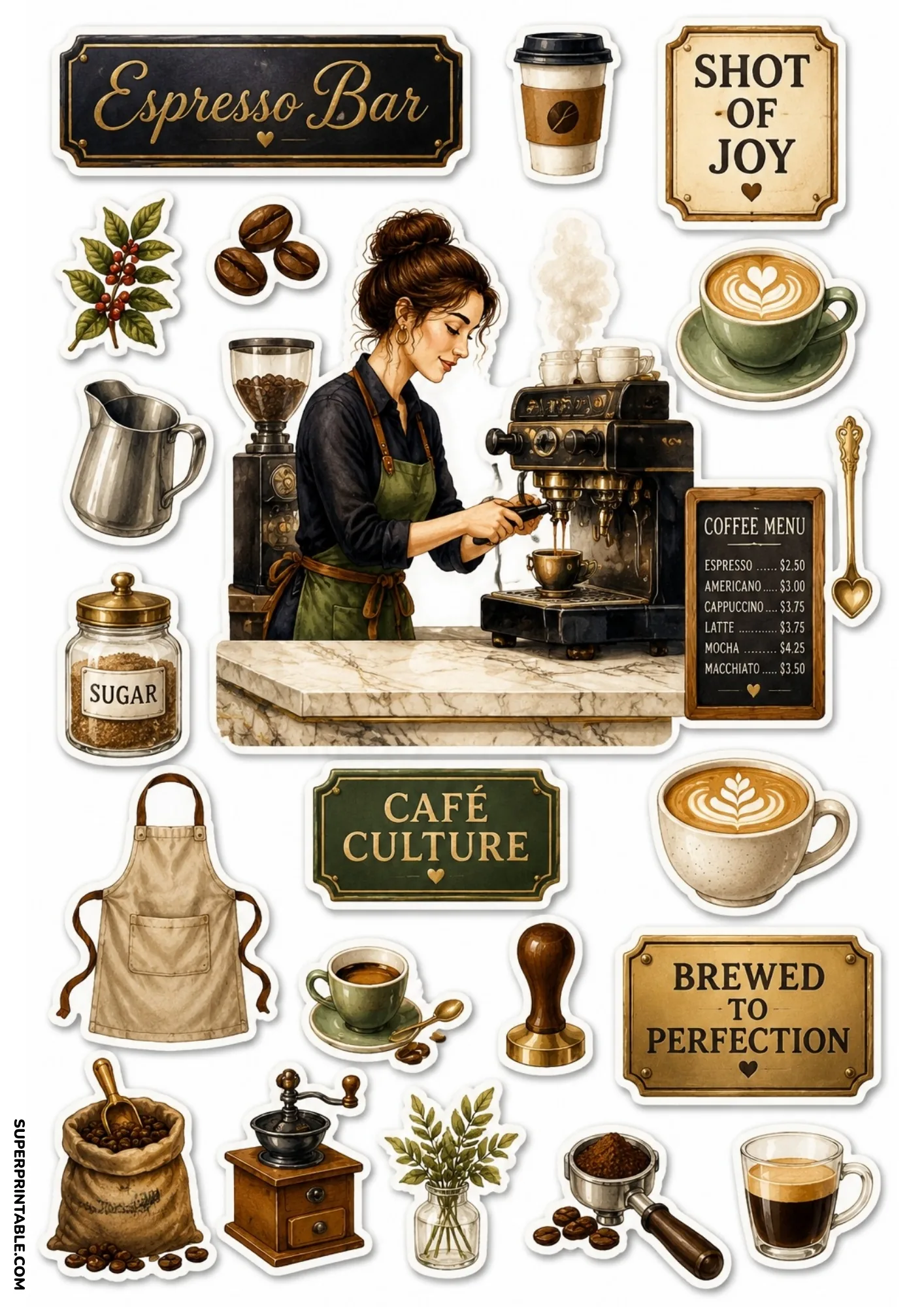Artisan coffee bar stickers featuring a female barista using a vintage espresso machine.