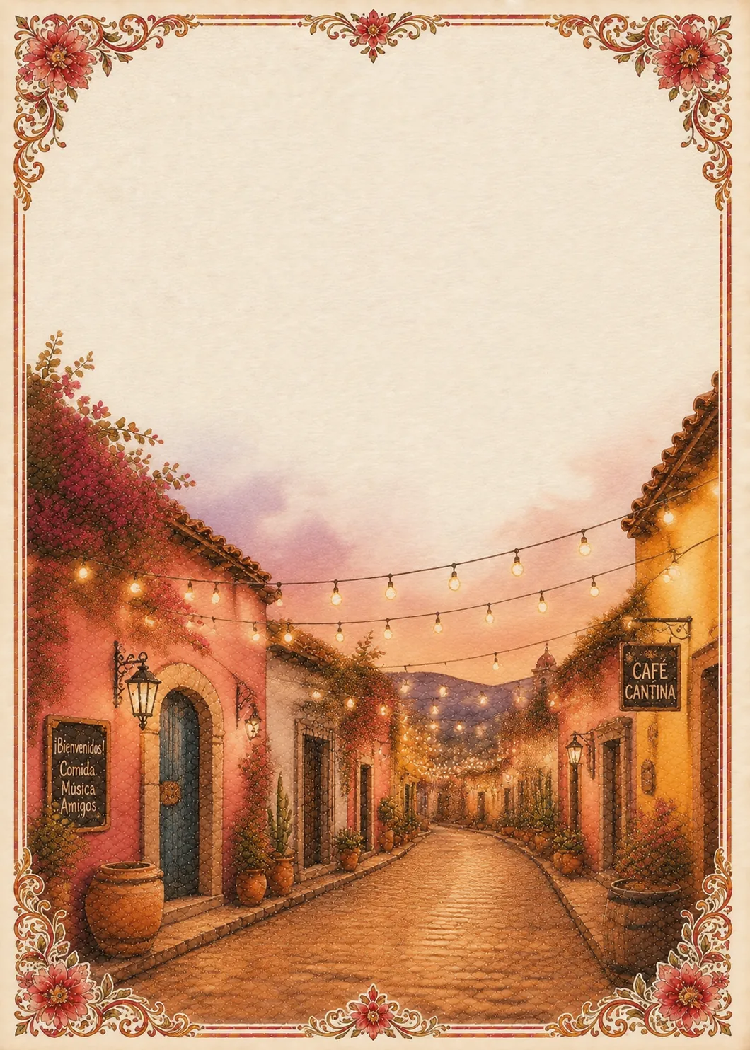 Mexican pueblo street illuminated by warm hanging string lights outside a café cantina at dusk.