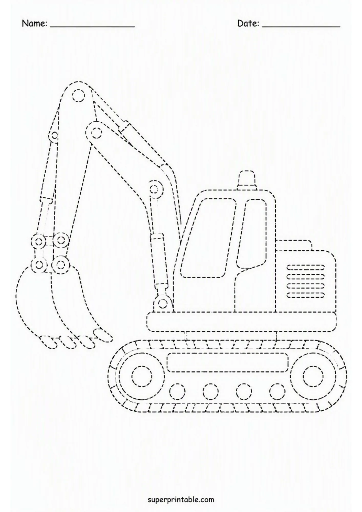 Construction site activity worksheets printable featuring a detailed excavator tracing page.