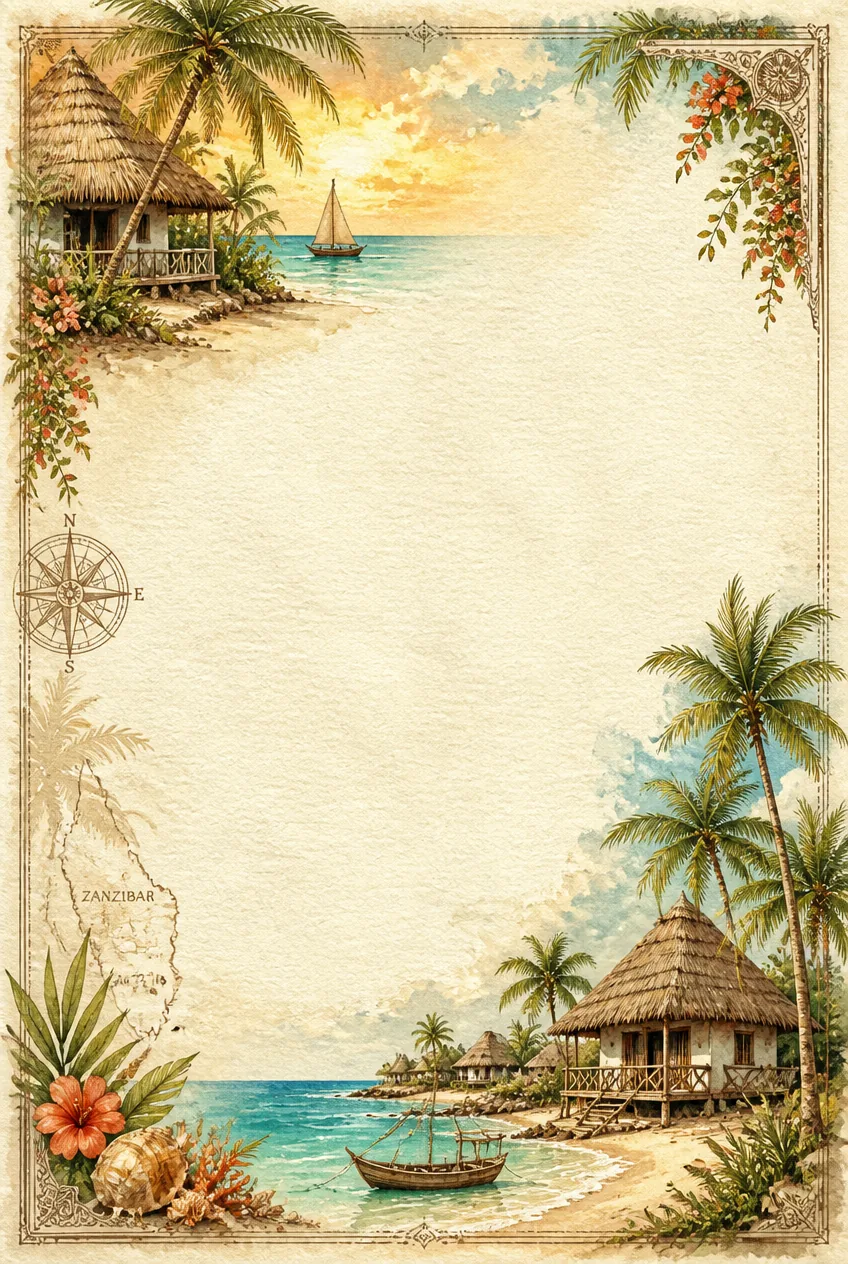 Exotic island bay with thatched huts and coconut palms in a washed watercolor frame on stationery.