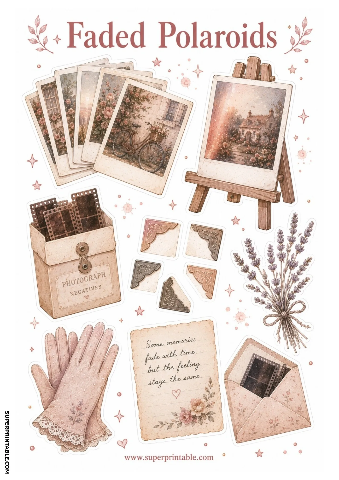 Easel display of cottage photo with film negatives box, dried lavender bundle, photo corners, and lace gloves.