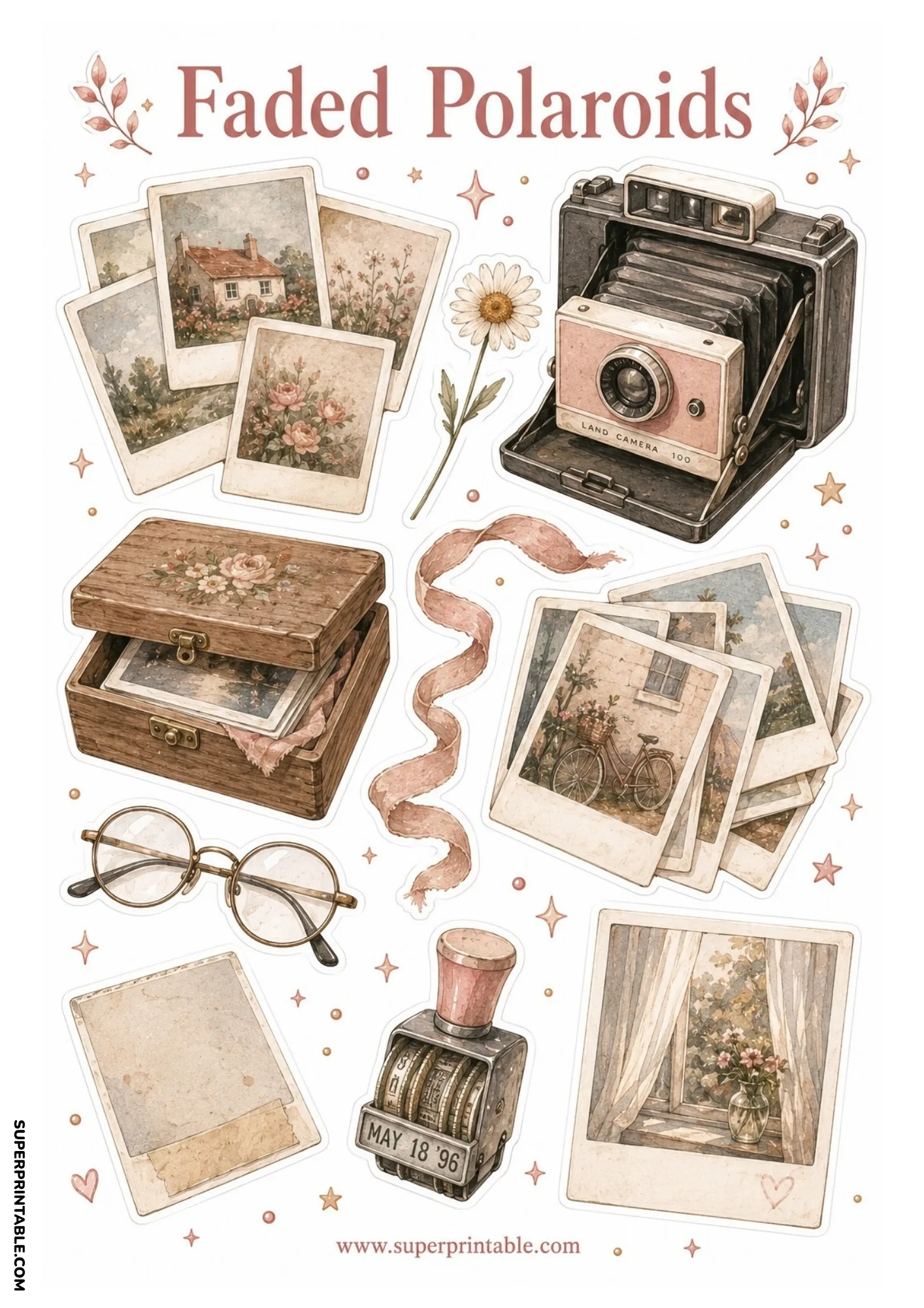 Vintage land camera surrounded by faded polaroid photos, wire spectacles, and a wooden photograph keepsake box.