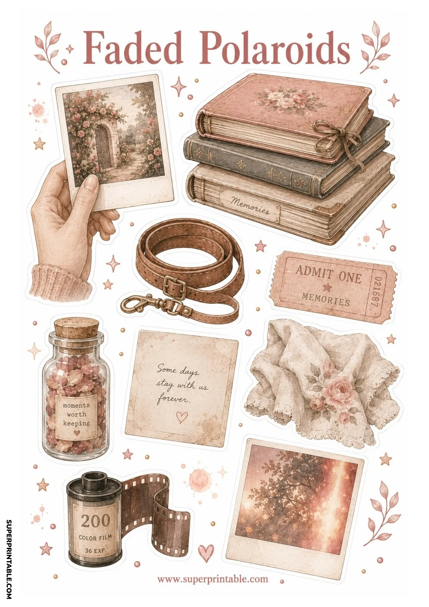 Hand holding an instant photo alongside vintage journals, a 35mm color film canister, and dried rose petal jar.