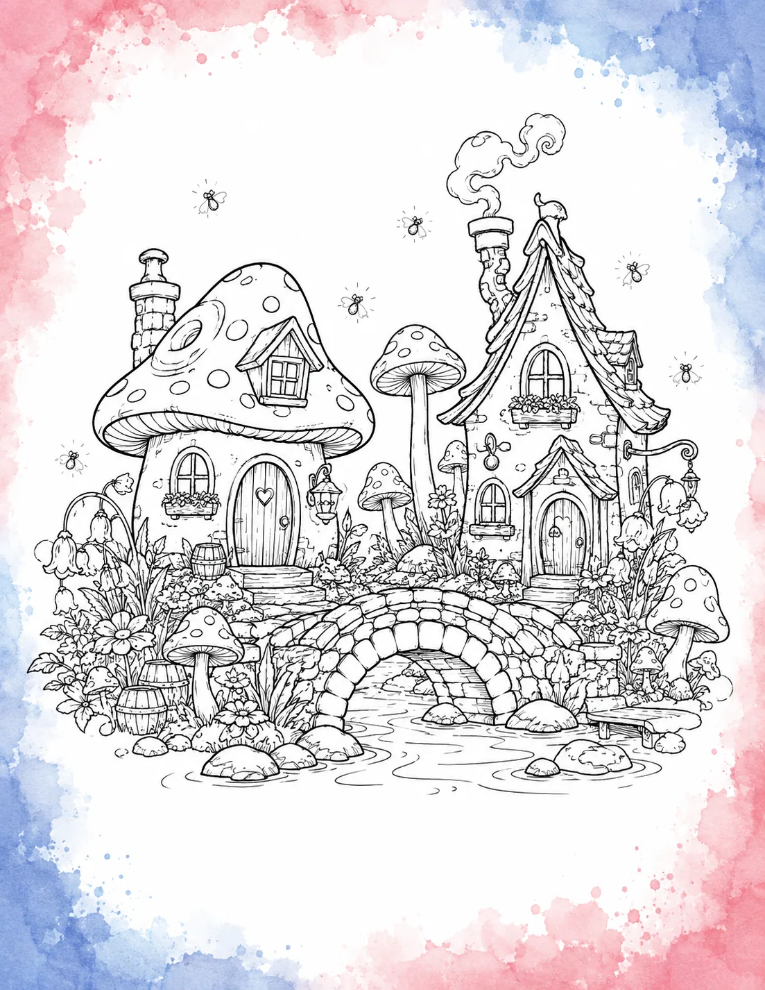 Fantasy fairy village coloring page featuring a spotted mushroom cottage, a stone arch bridge over a stream, a crooked fairy house, and fireflies inside a pink and blue border.