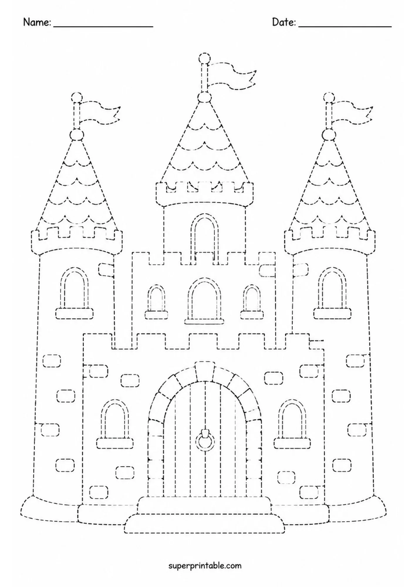 Printable magical fantasy tracing worksheets page of a fairy tale castle with three flagged spires.
