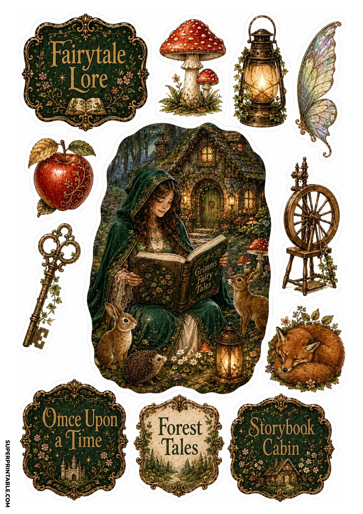 Hooded maiden reading fairy tales near a cozy stone cottage surrounded by forest rabbits, fox, and mushrooms.