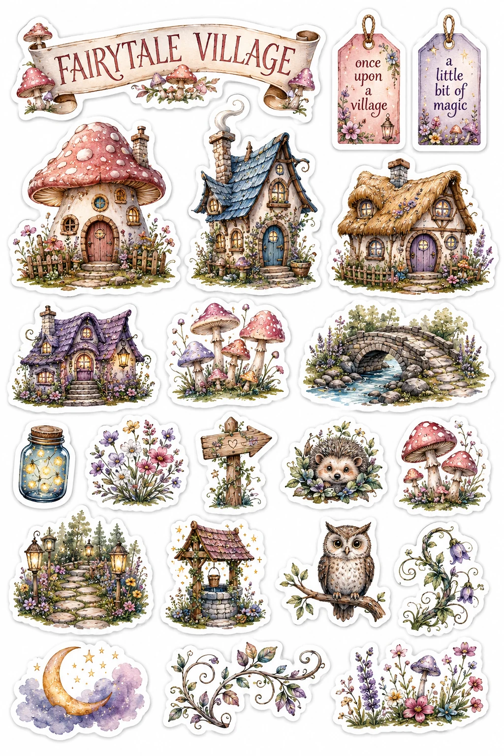 Fairytale Village Mushroom Cottages Magic Well Sheet featuring cottagecore architecture, cozy village houses, seasonal cabins, and countryside farms.