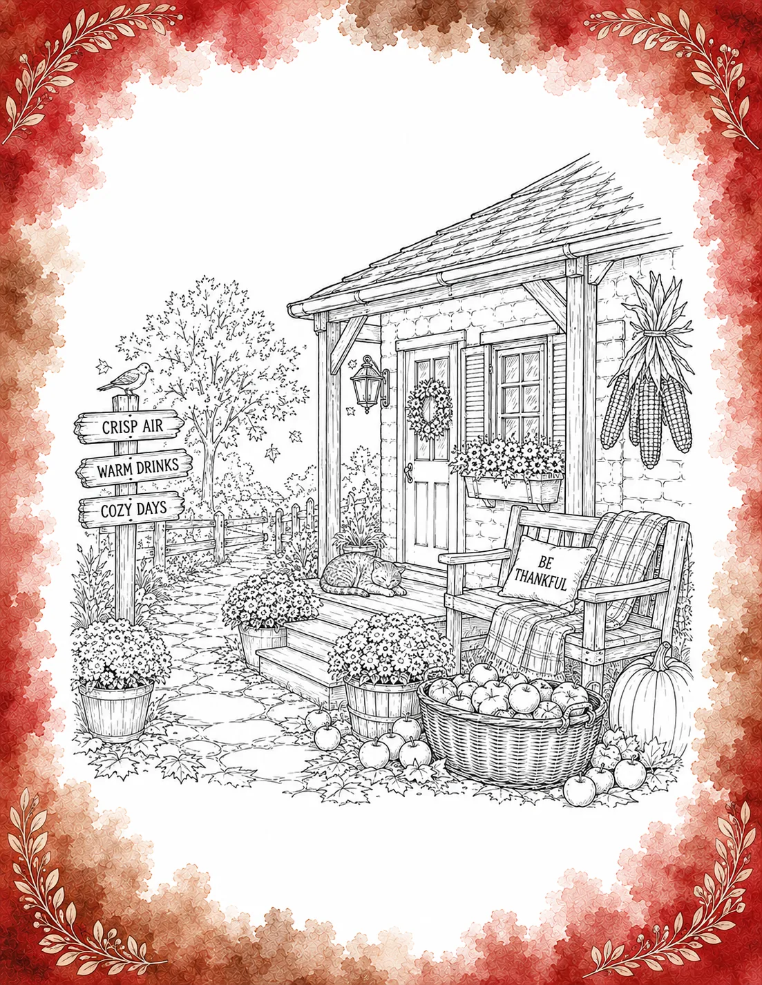 Fall cottage porch coloring page with a sleeping cat on the steps, a basket of apples, a Be Thankful bench pillow, and a signpost inside a crimson watercolor border.
