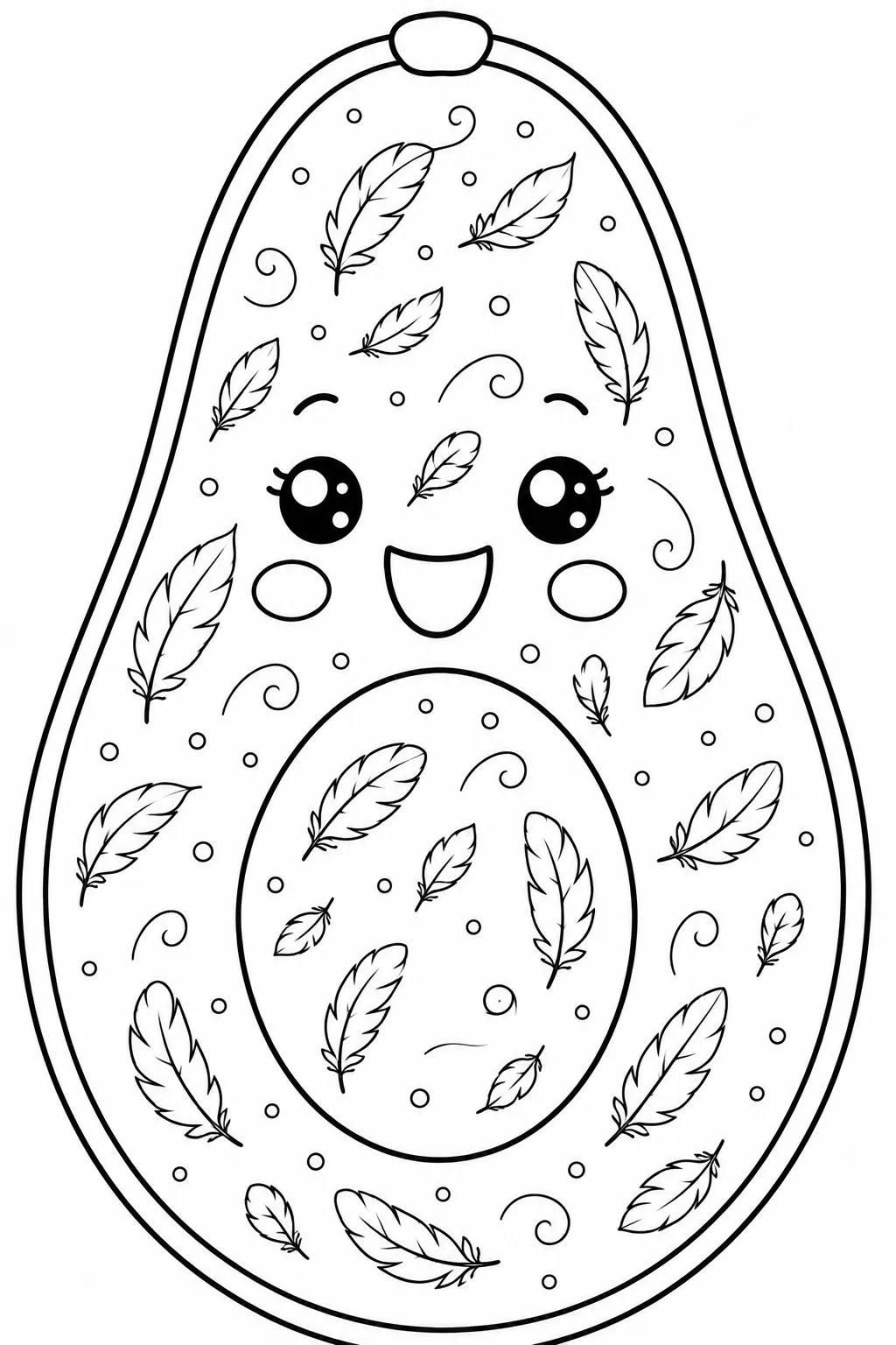Smiling avocado covered in a gentle pattern of falling feathers.