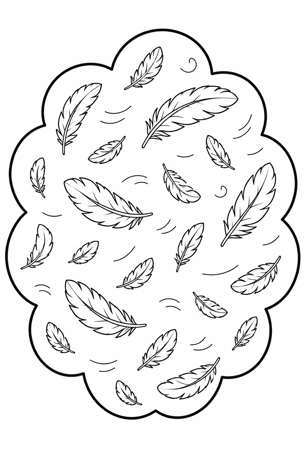 Numerous detailed bird feathers drifting downward inside a cloud boundary.