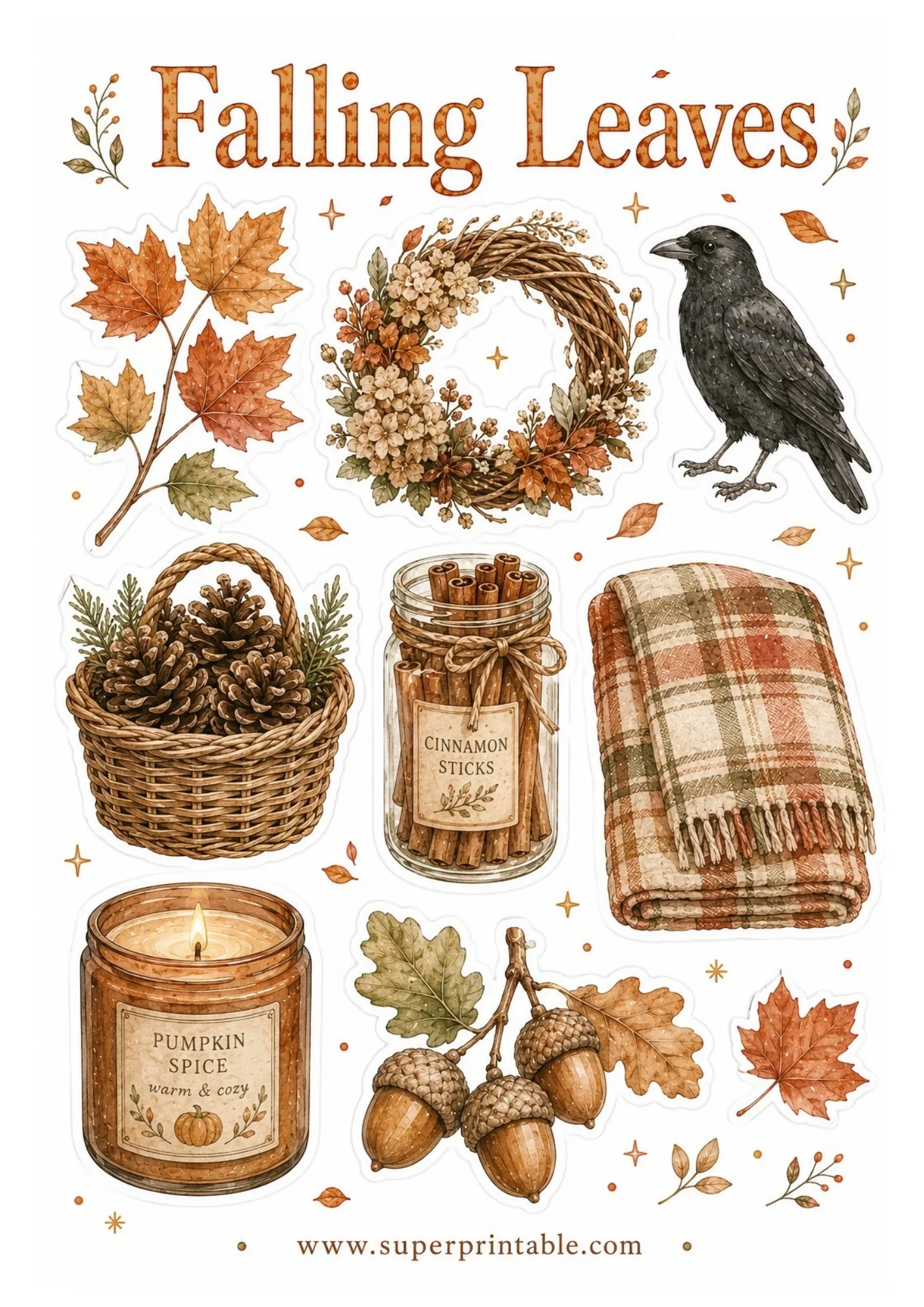 Printable fall leaves sticker sheet showing watercolor foliage branch, wreath, raven, pinecone basket, cinnamon jar, plaid blanket, and pumpkin spice candle.