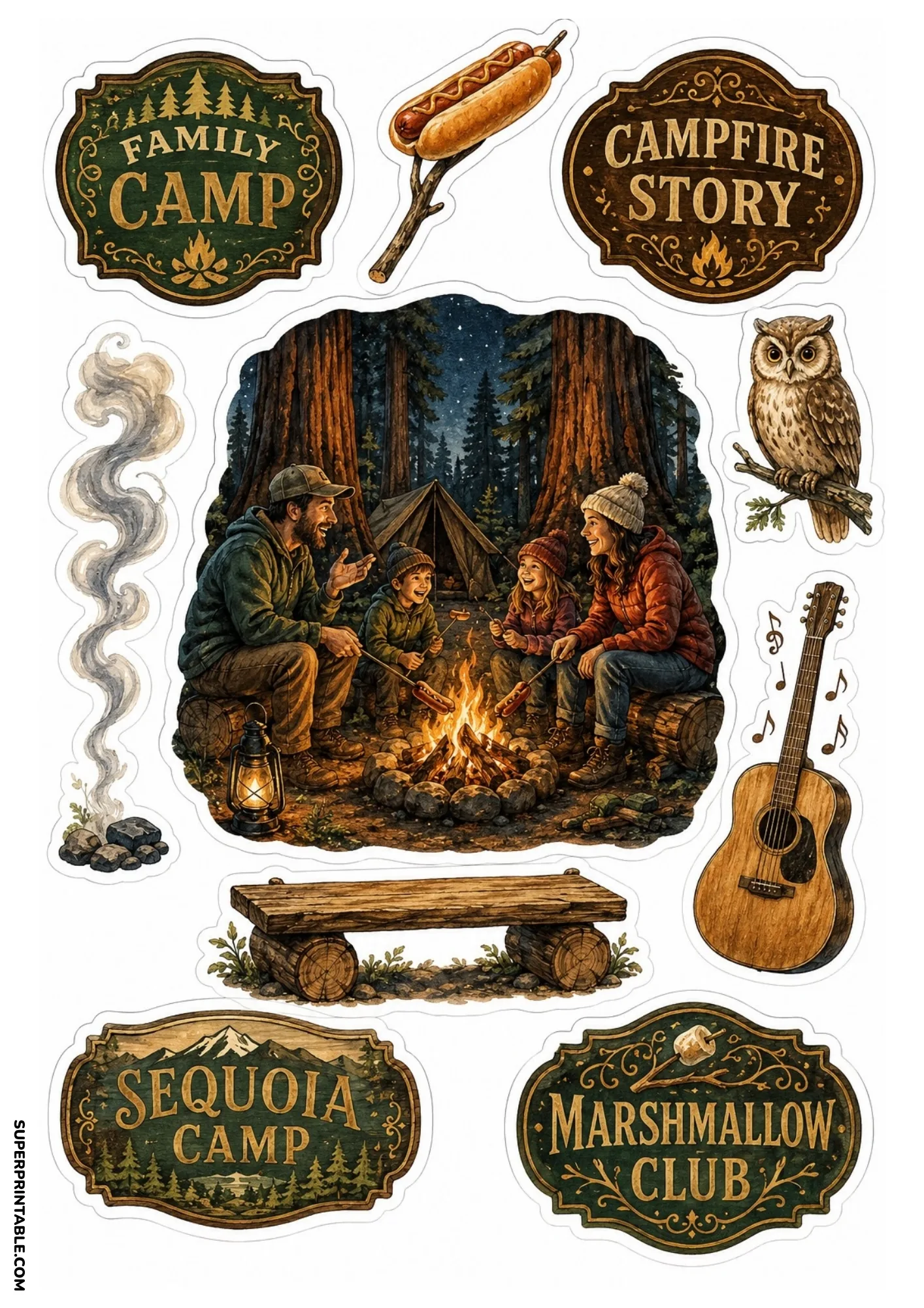 Family camping sticker sheet depicting parents and kids around a campfire, hot dog roasting, acoustic guitar, owl, and campfire signs.