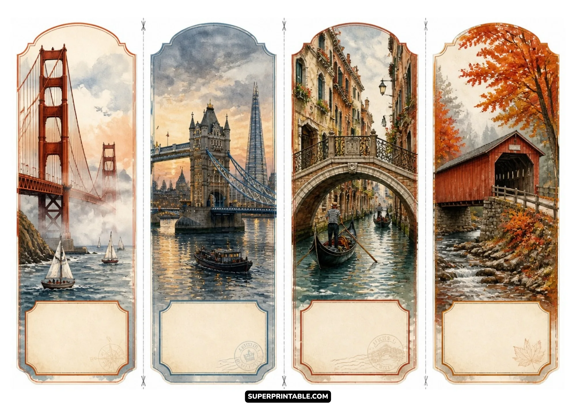 Set of four world bookmarks watercolor printable sheets featuring famous global bridges and scenic canals.