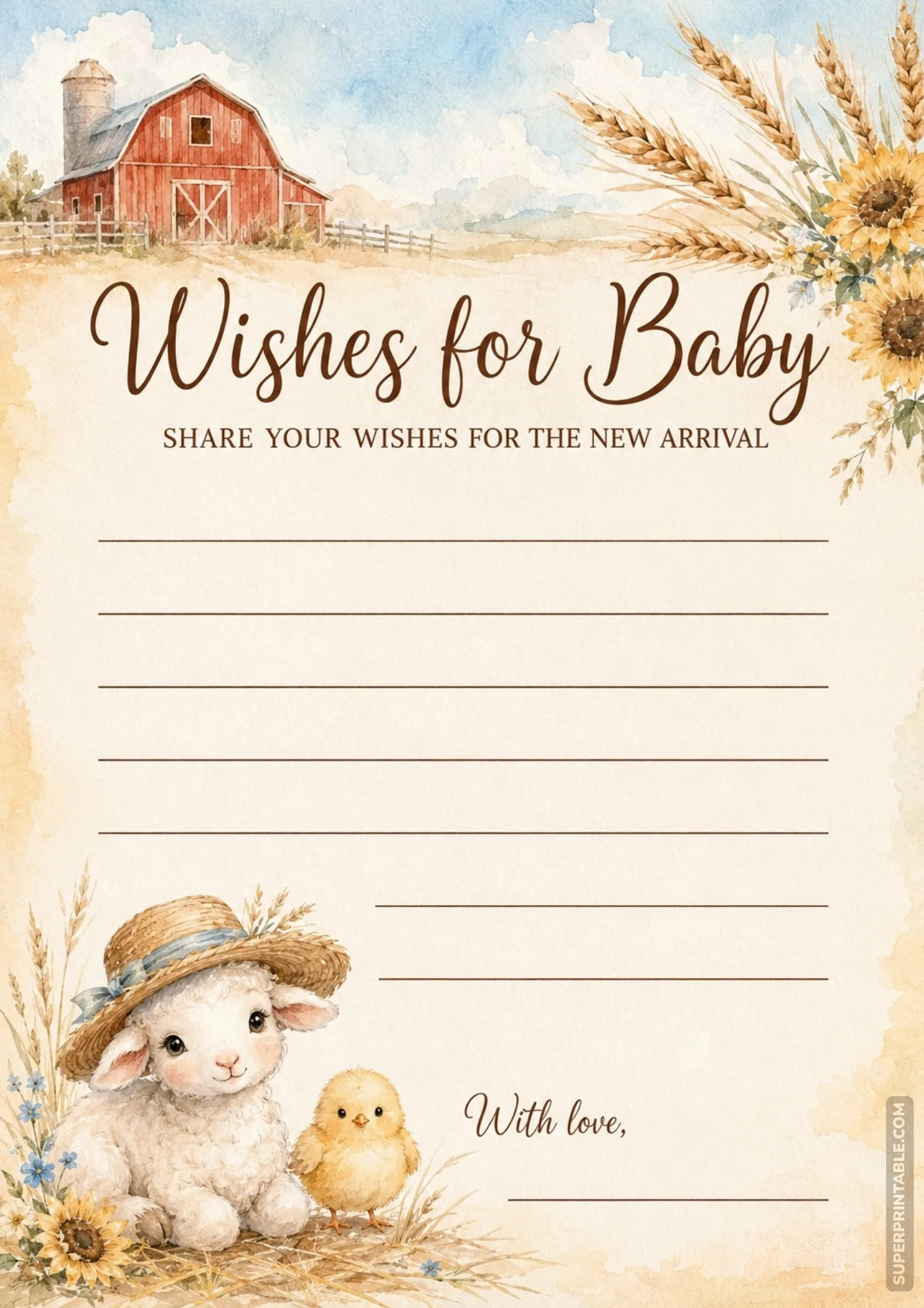 Rustic farm watercolor card featuring a red barn, sunflowers, and a baby lamb in a straw hat with a chick.