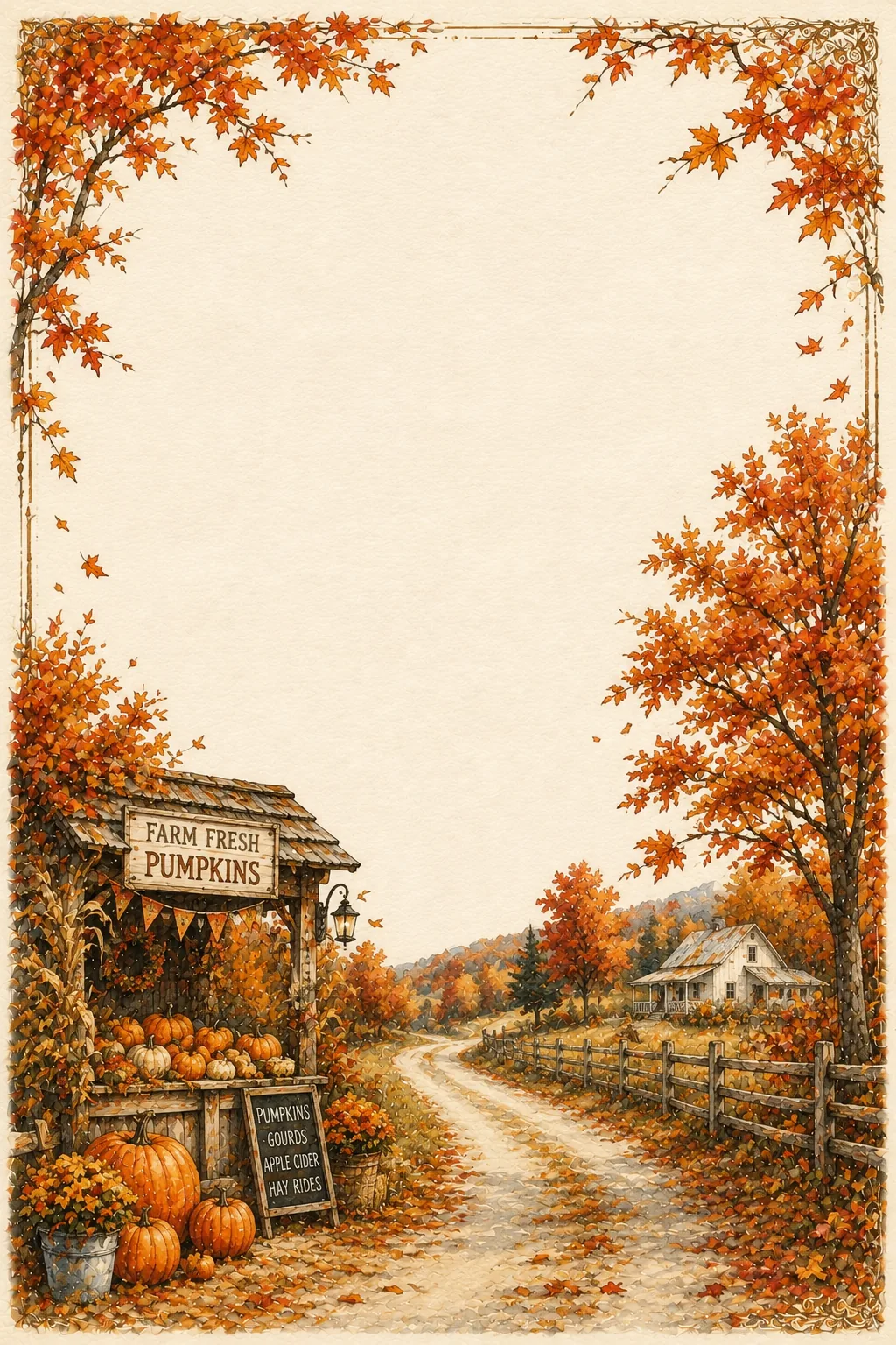 Autumn decorative paper displaying a rustic pumpkin stand with chalkboard signs and fallen leaves.