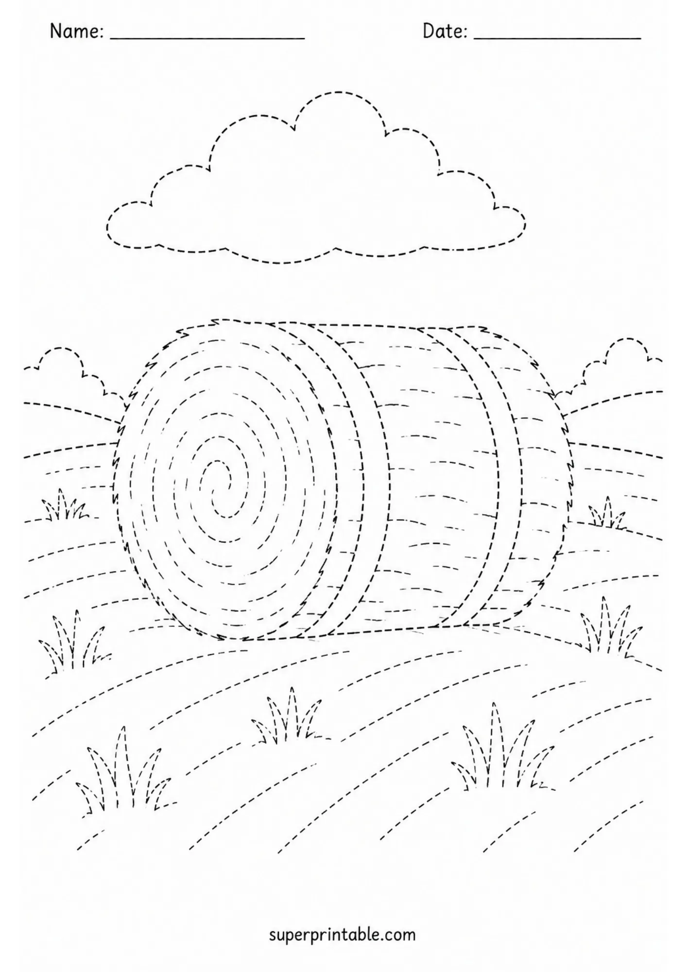 Autumn harvest hay bale line tracing activity sheet set in a field.