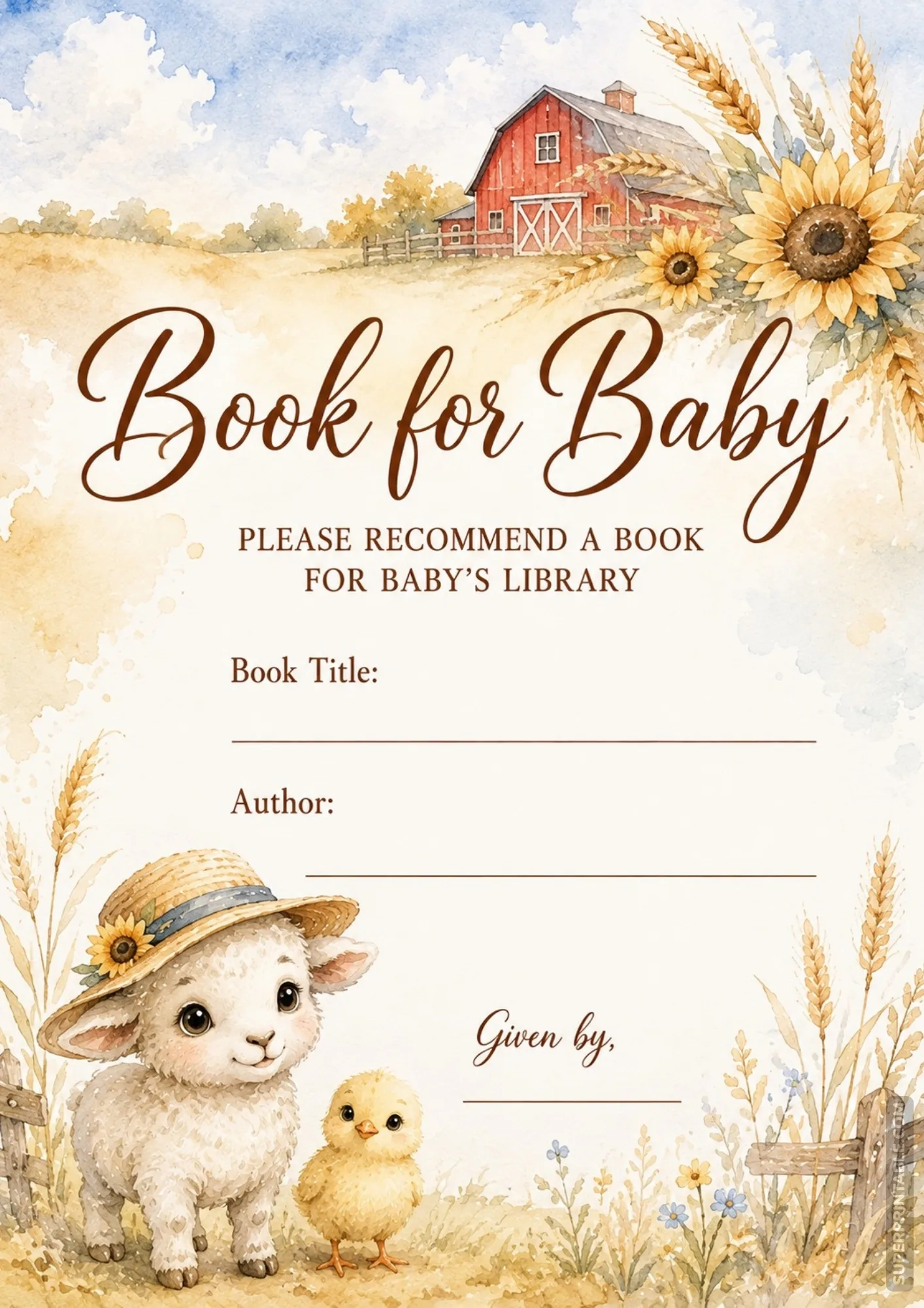 Farm theme printable book request card with cute lamb in straw hat, yellow chick, and red barn.
