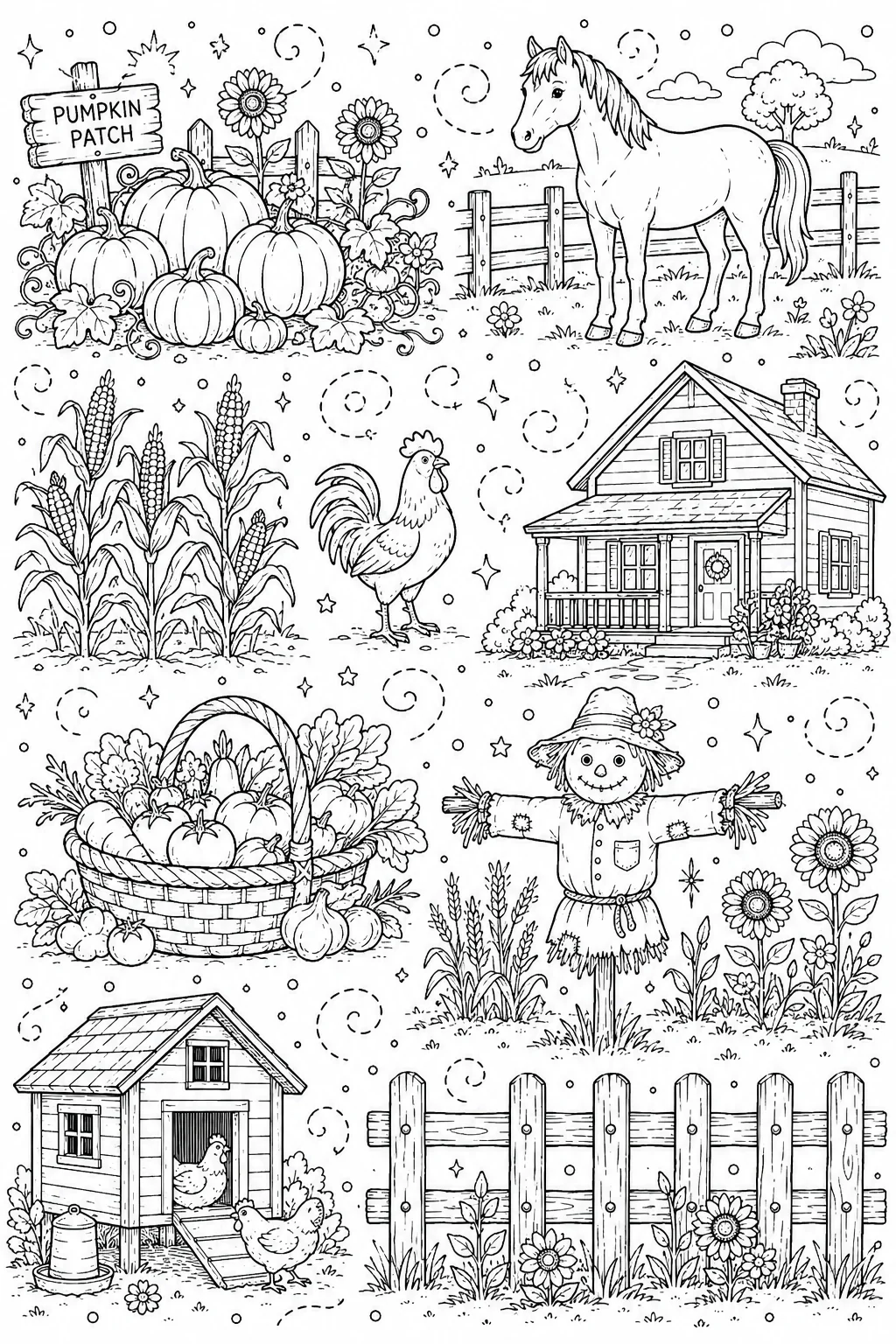 Printable Farm Life and Harvest vintage farmhouse and pumpkin patch doodle coloring page sheet