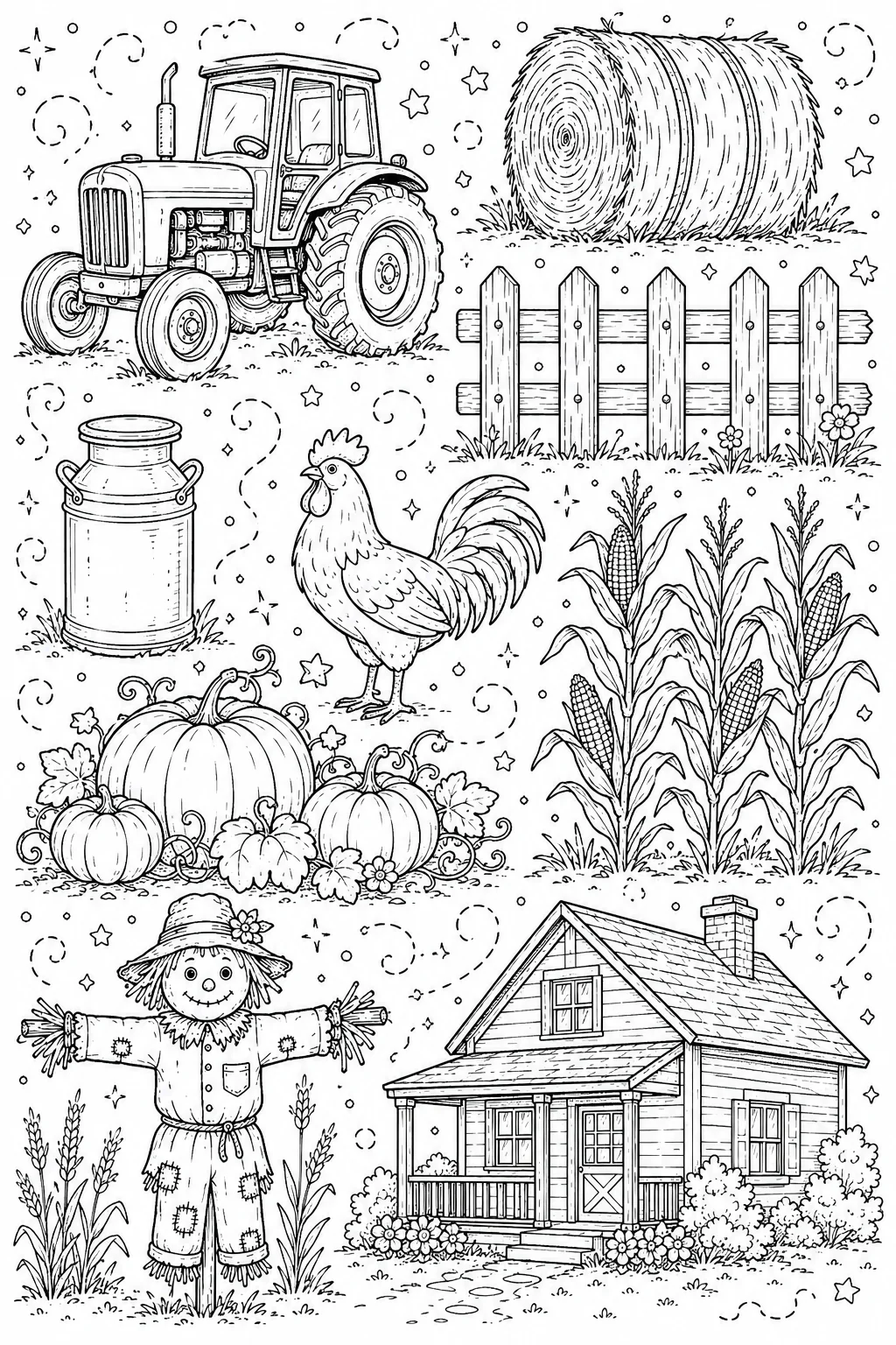 Printable Farm Life and Harvest classic farm tractor and hay bales doodle coloring page sheet