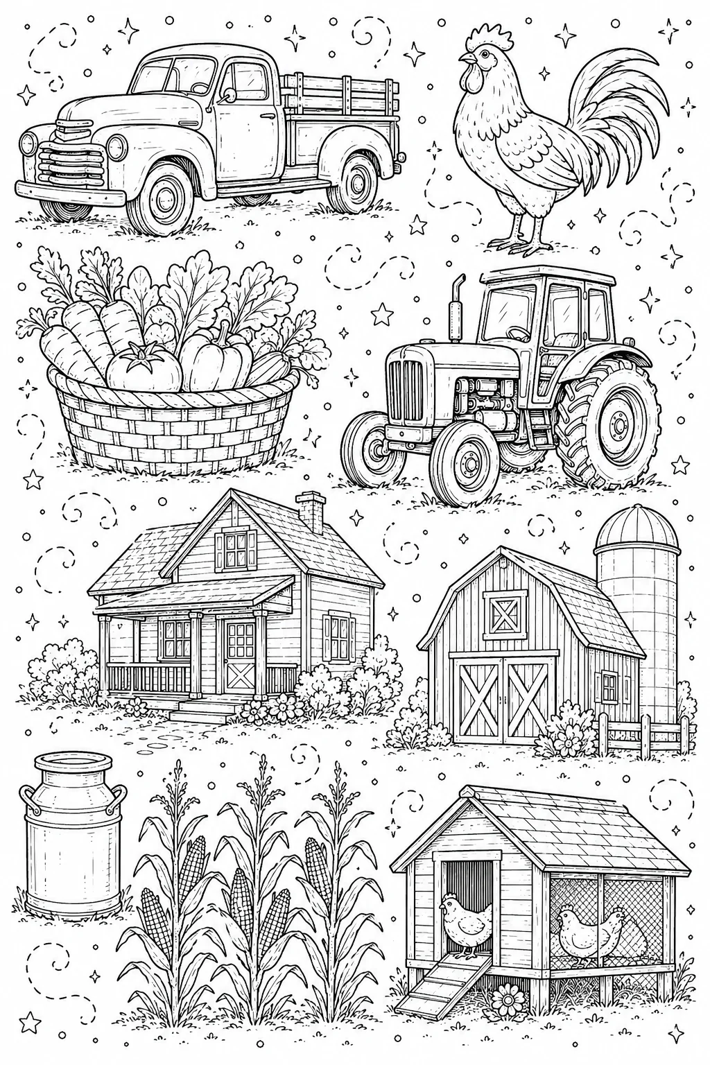 Printable Farm Life and Harvest vintage pickup truck and crowing rooster doodle coloring page sheet