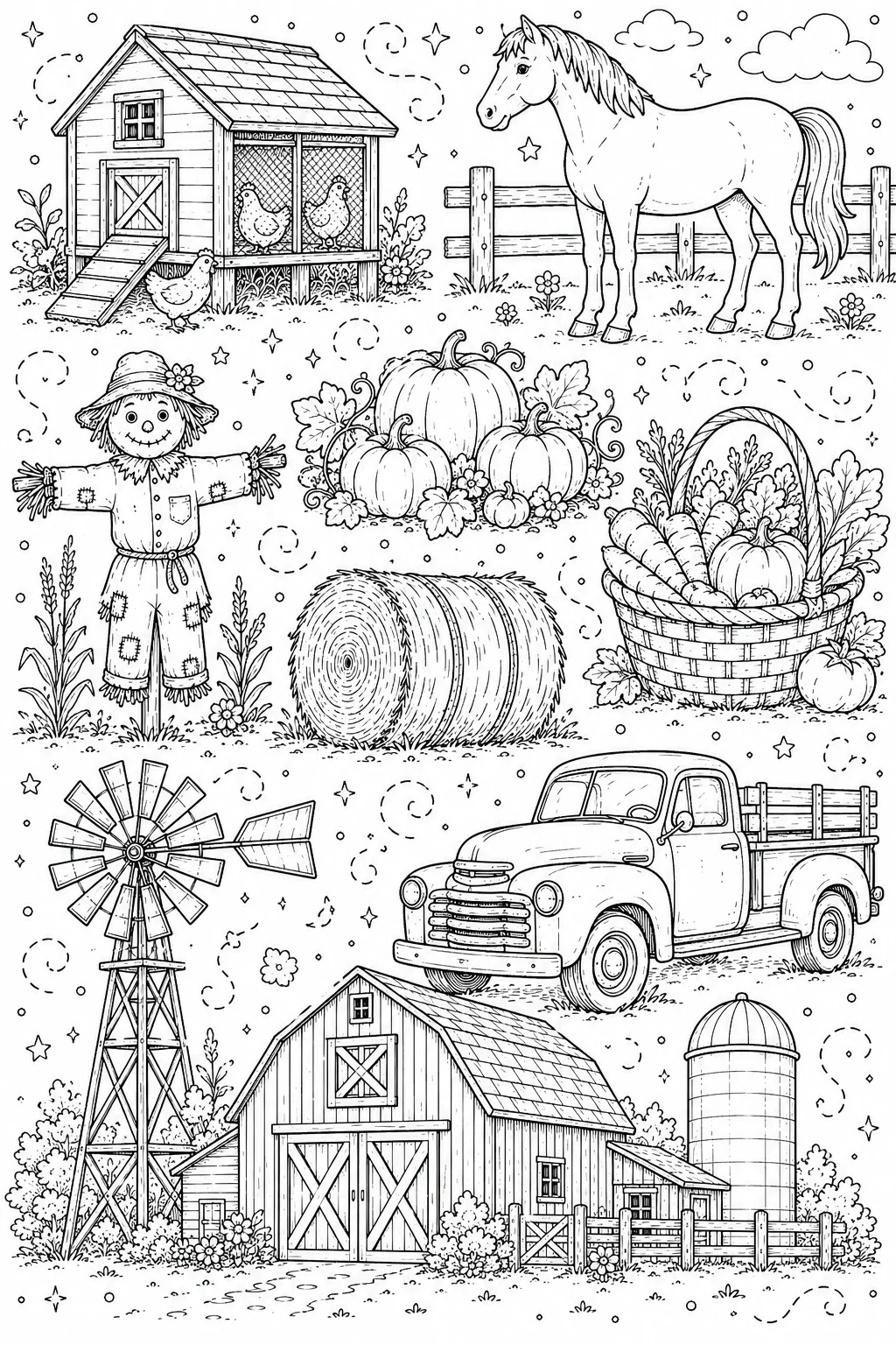 Printable Farm Life and Harvest red barn silo and friendly scarecrow doodle coloring page sheet